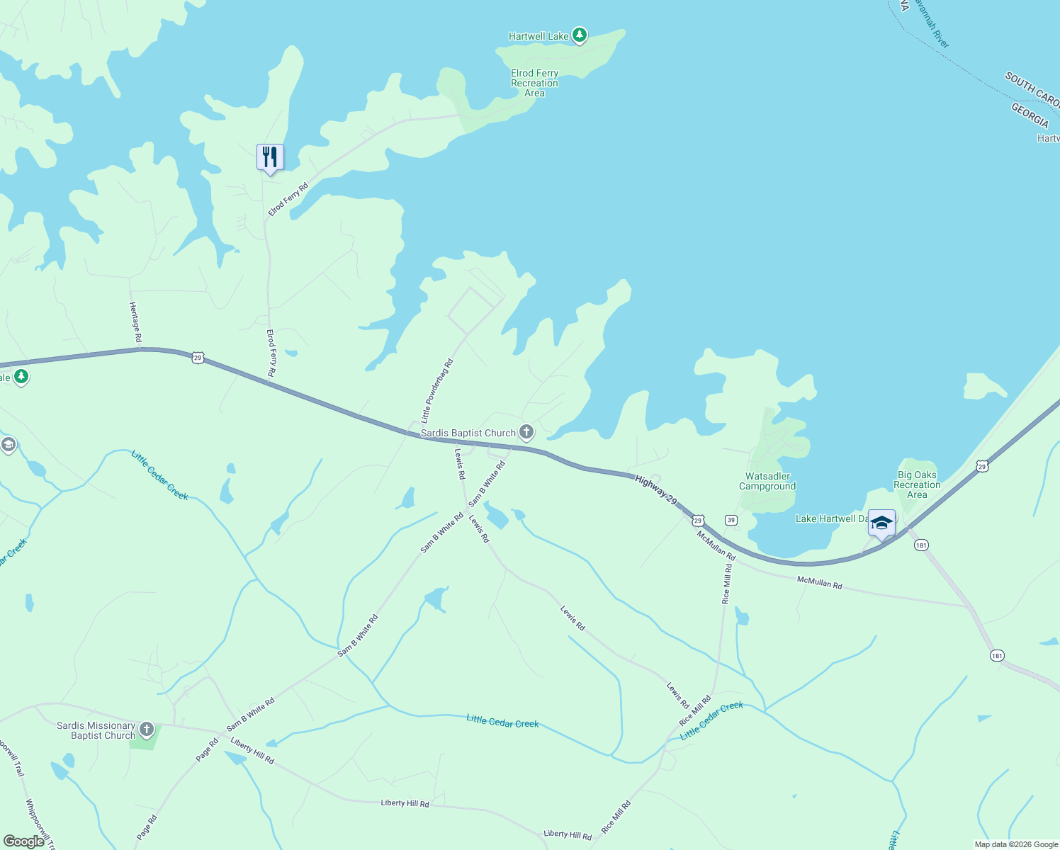 map of restaurants, bars, coffee shops, grocery stores, and more near 423 Good Dam View Road in Hartwell