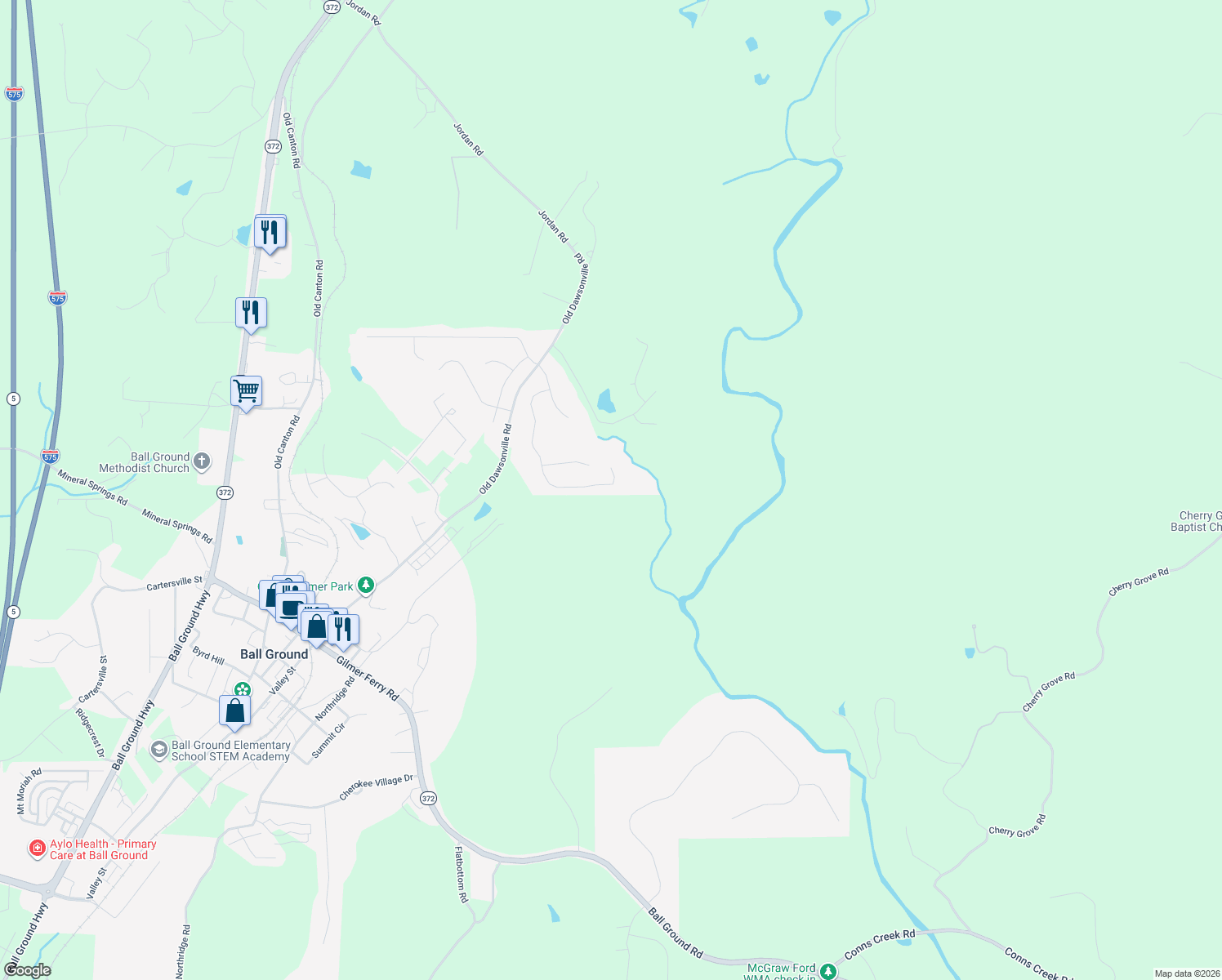 map of restaurants, bars, coffee shops, grocery stores, and more near 260 South Mountain Brook Way in Ball Ground
