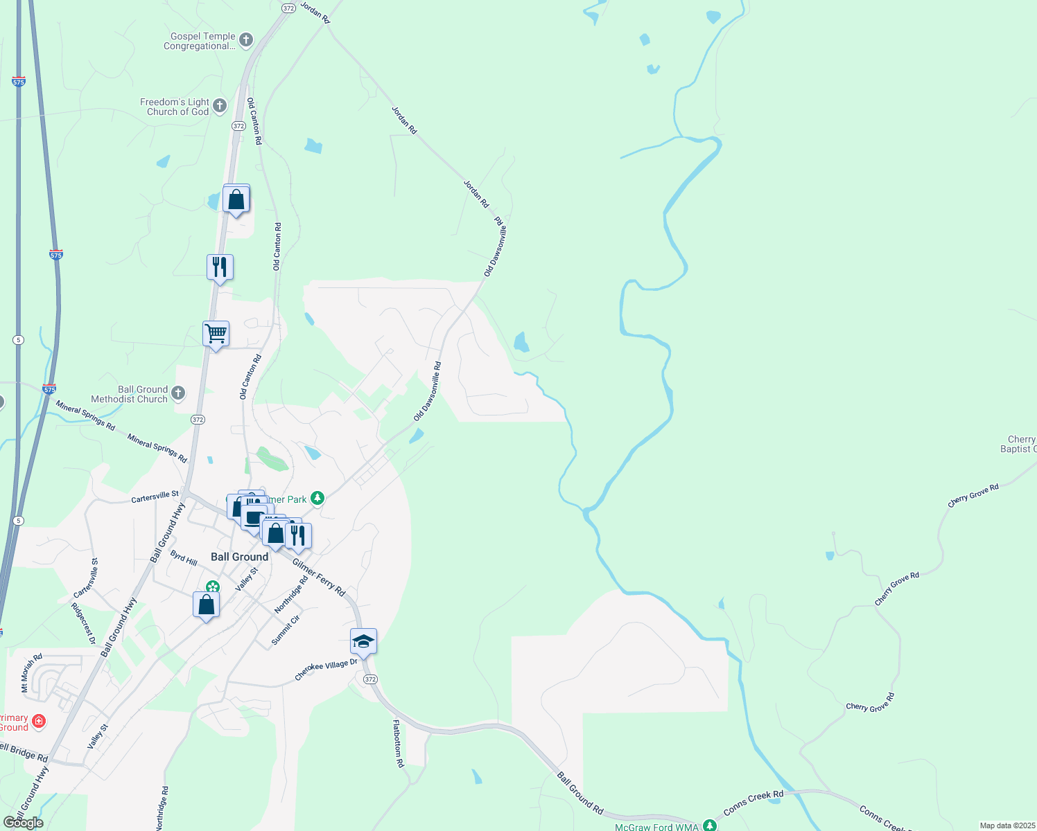 map of restaurants, bars, coffee shops, grocery stores, and more near 260 South Mountain Brook Way in Ball Ground