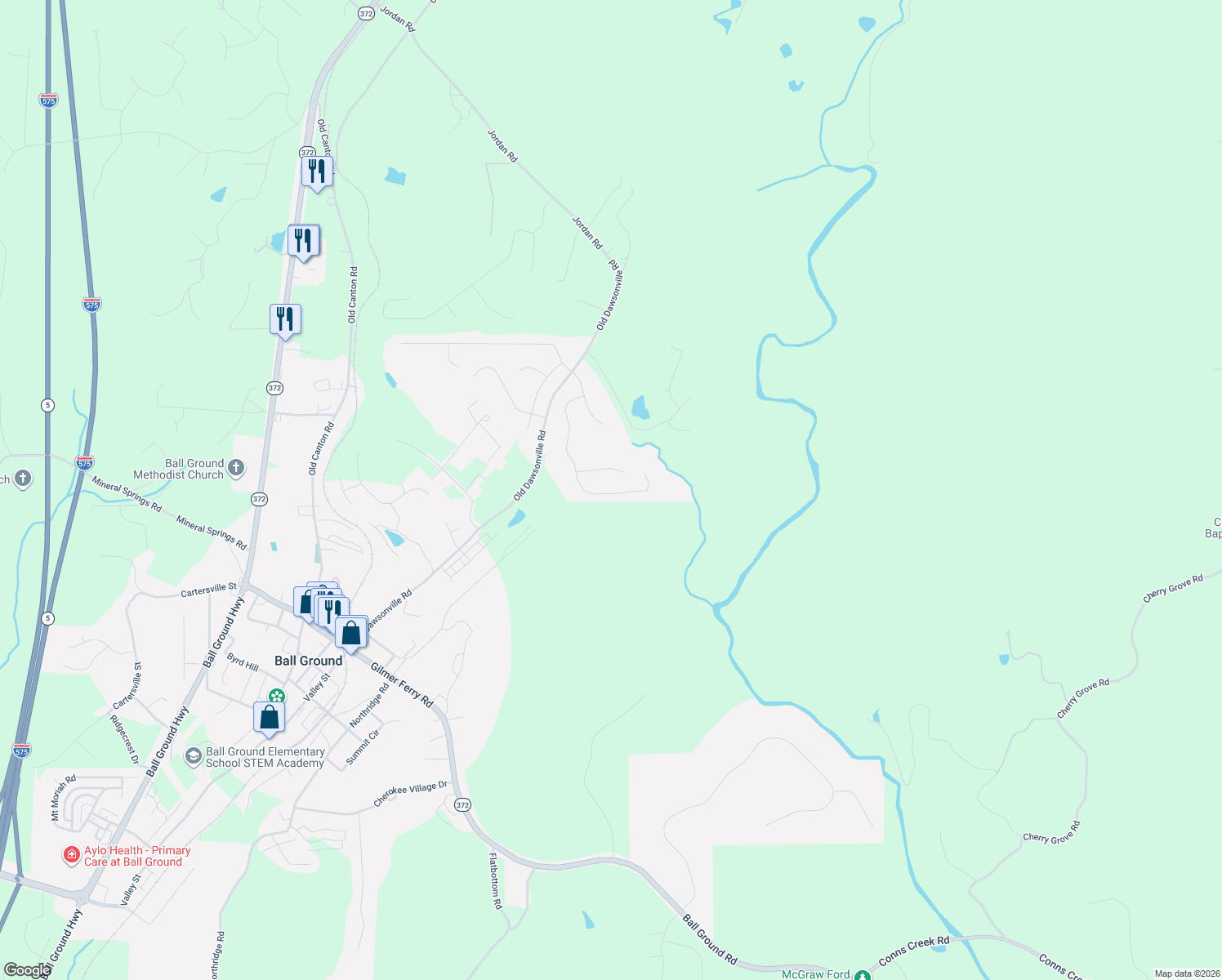 map of restaurants, bars, coffee shops, grocery stores, and more near 250 South Mountain Brook Way in Ball Ground