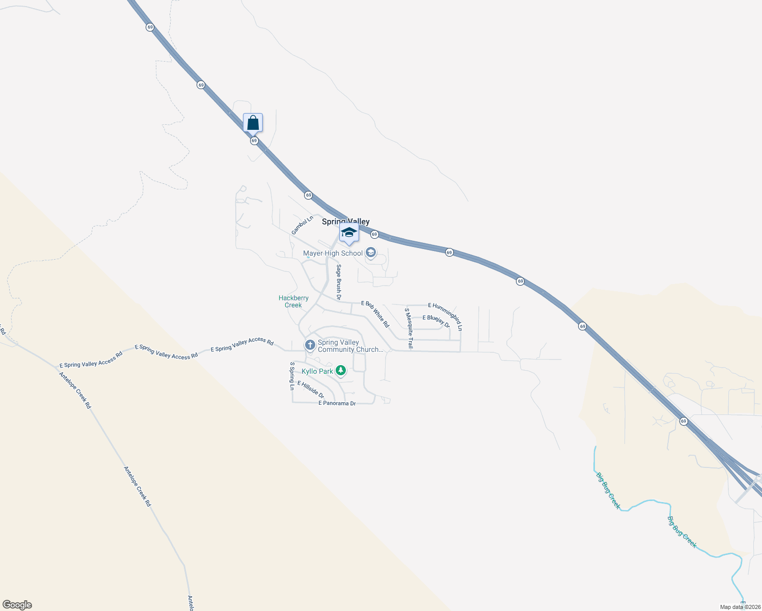 map of restaurants, bars, coffee shops, grocery stores, and more near 17451 East Jackrabbit Road in Mayer