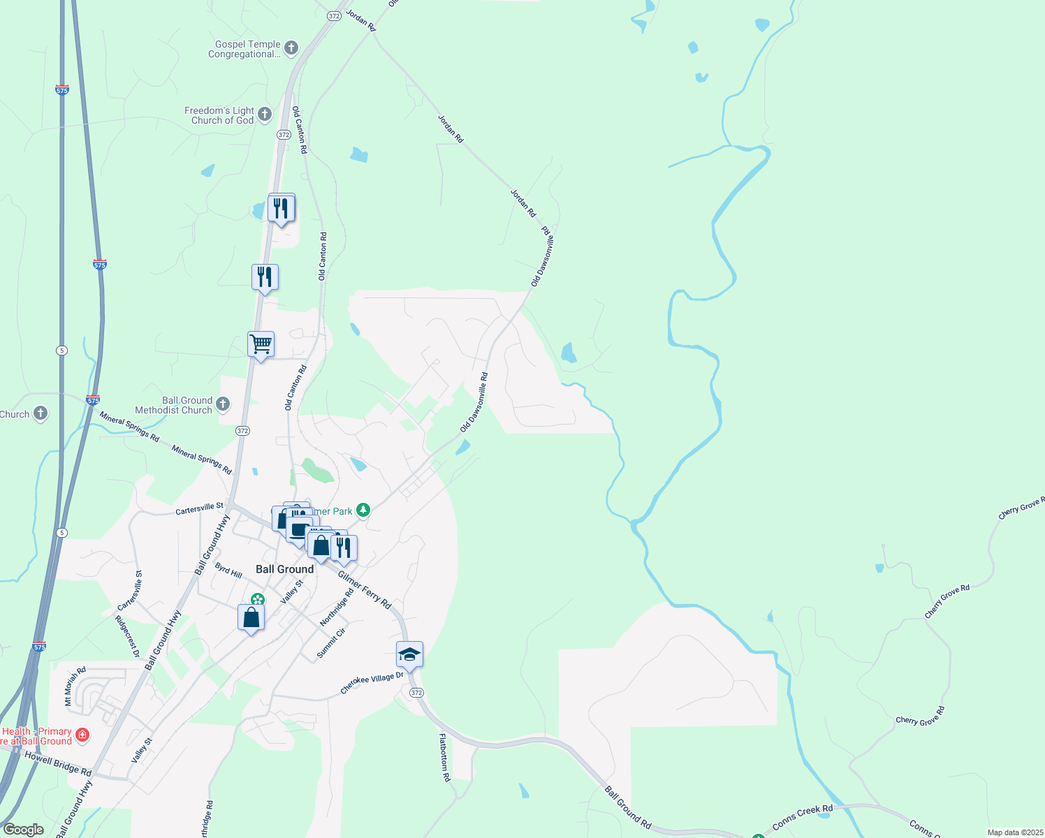 map of restaurants, bars, coffee shops, grocery stores, and more near 235 South Mountain Brook Way in Ball Ground