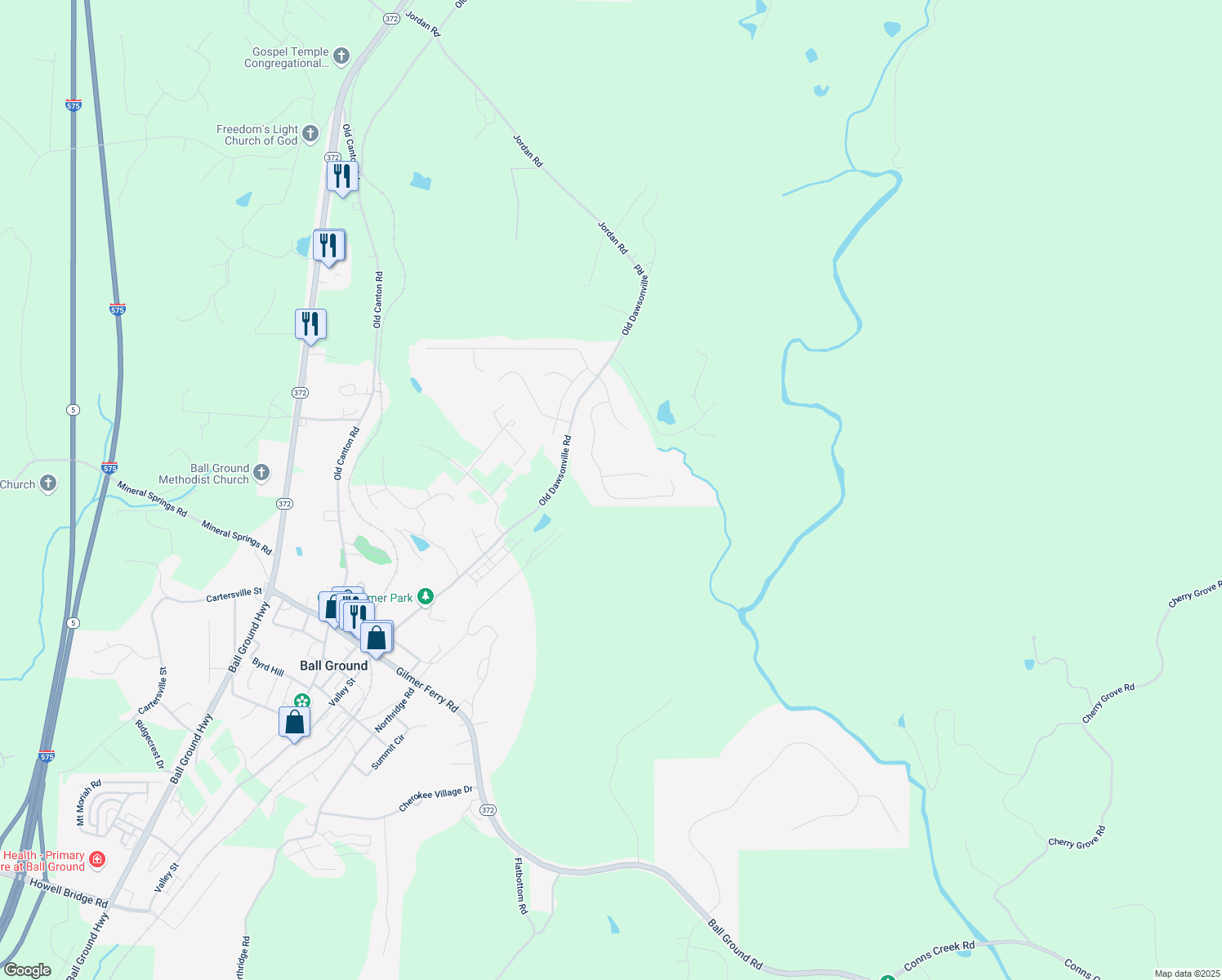 map of restaurants, bars, coffee shops, grocery stores, and more near 235 South Mountain Brook Way in Ball Ground