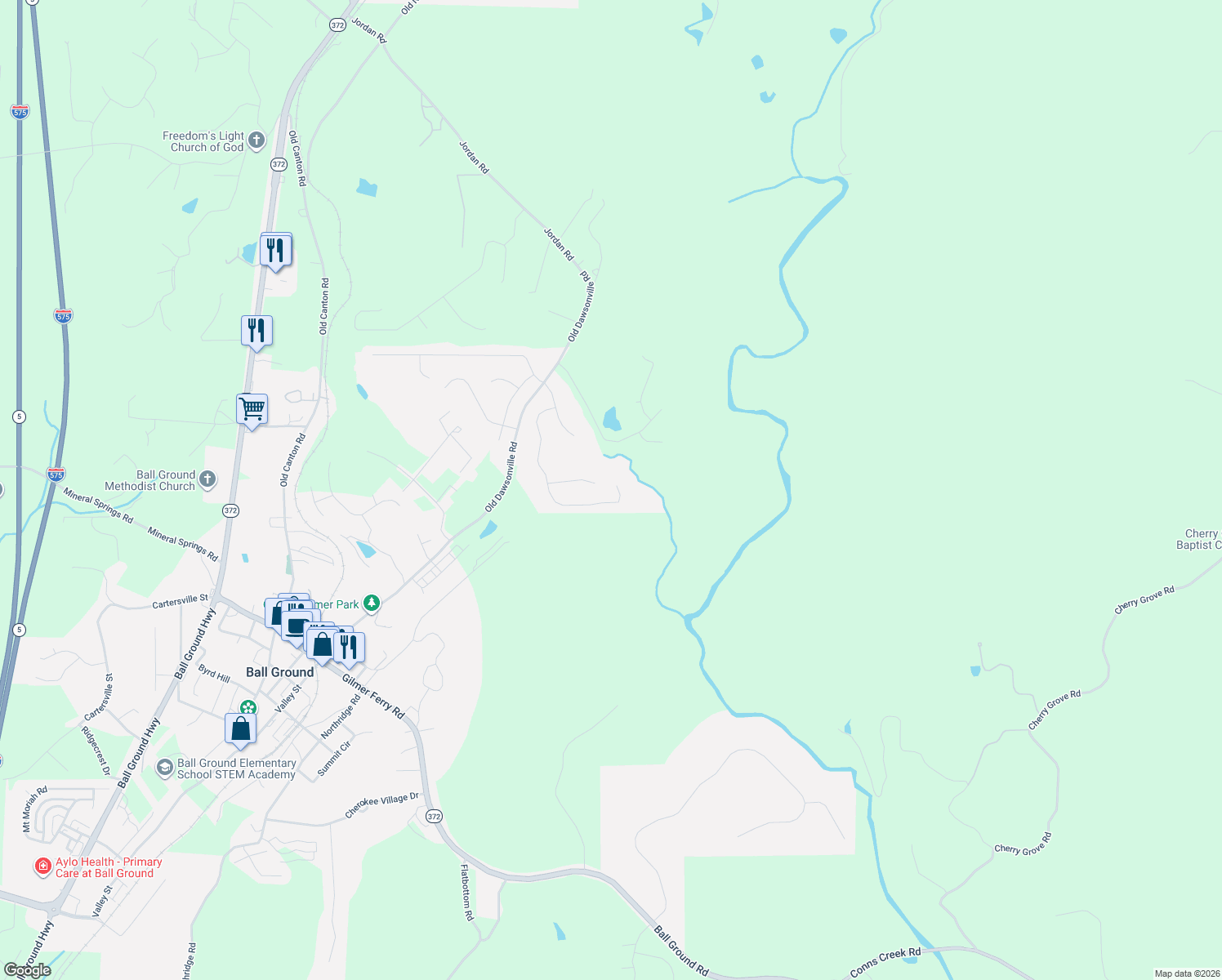 map of restaurants, bars, coffee shops, grocery stores, and more near 270 South Mountain Brook Way in Ball Ground