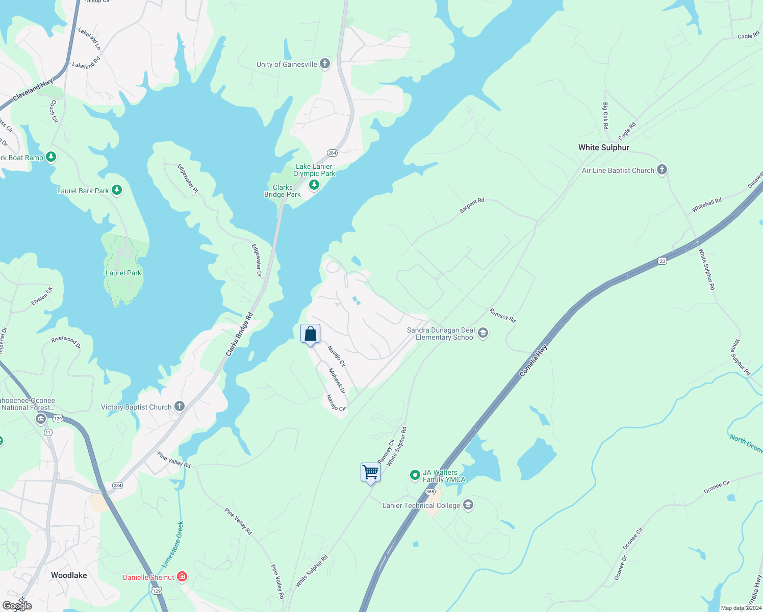 map of restaurants, bars, coffee shops, grocery stores, and more near 2959 The Lake Road in Gainesville