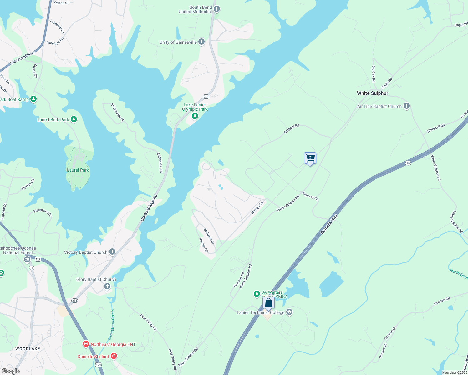 map of restaurants, bars, coffee shops, grocery stores, and more near 2965 The Lake Road in Gainesville