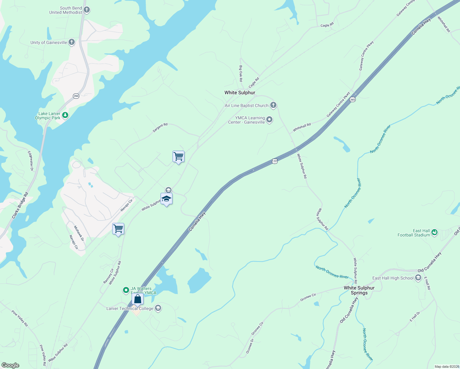 map of restaurants, bars, coffee shops, grocery stores, and more near Cornelia Highway in Gainesville