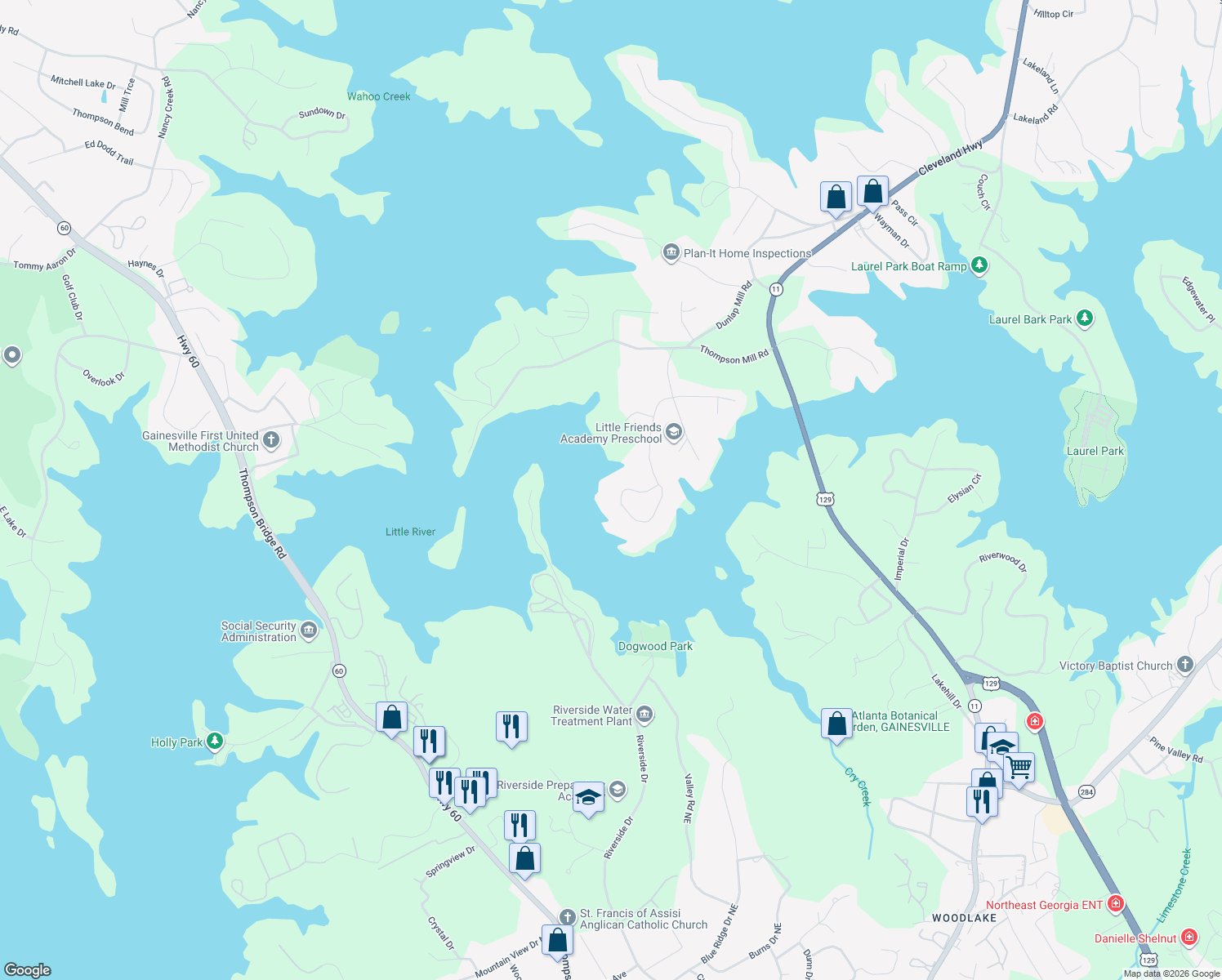 map of restaurants, bars, coffee shops, grocery stores, and more near 2621 Bridgewater Circle in Gainesville