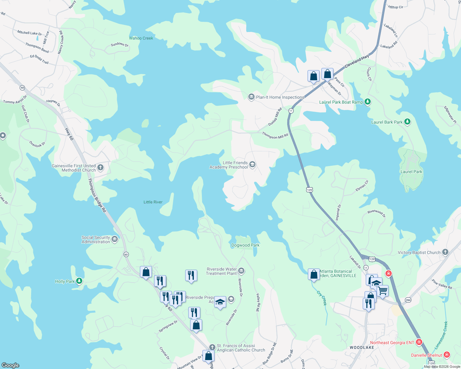 map of restaurants, bars, coffee shops, grocery stores, and more near 2621 Bridgewater Circle in Gainesville