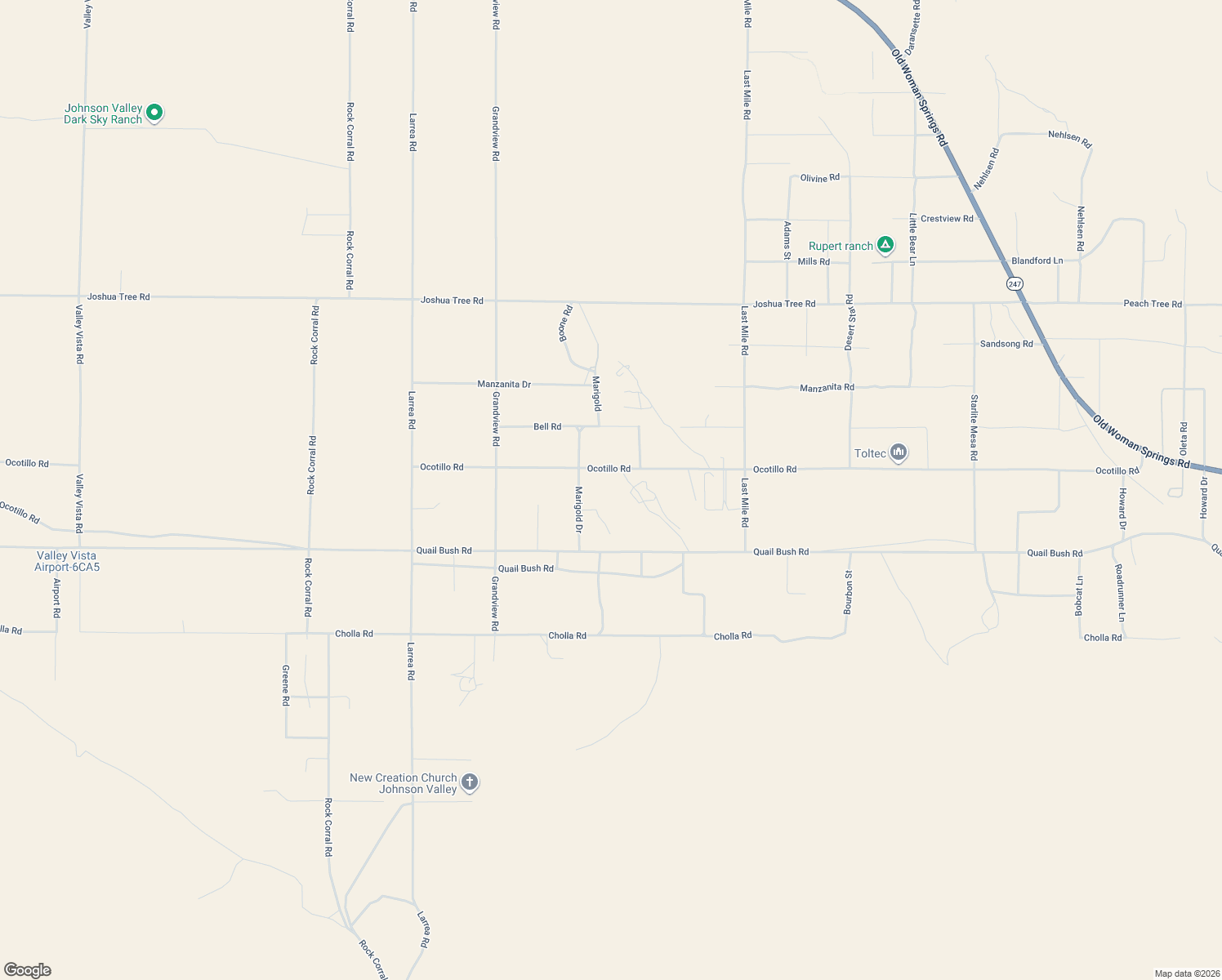 map of restaurants, bars, coffee shops, grocery stores, and more near 50977 Ocotillo Road in Johnson Valley