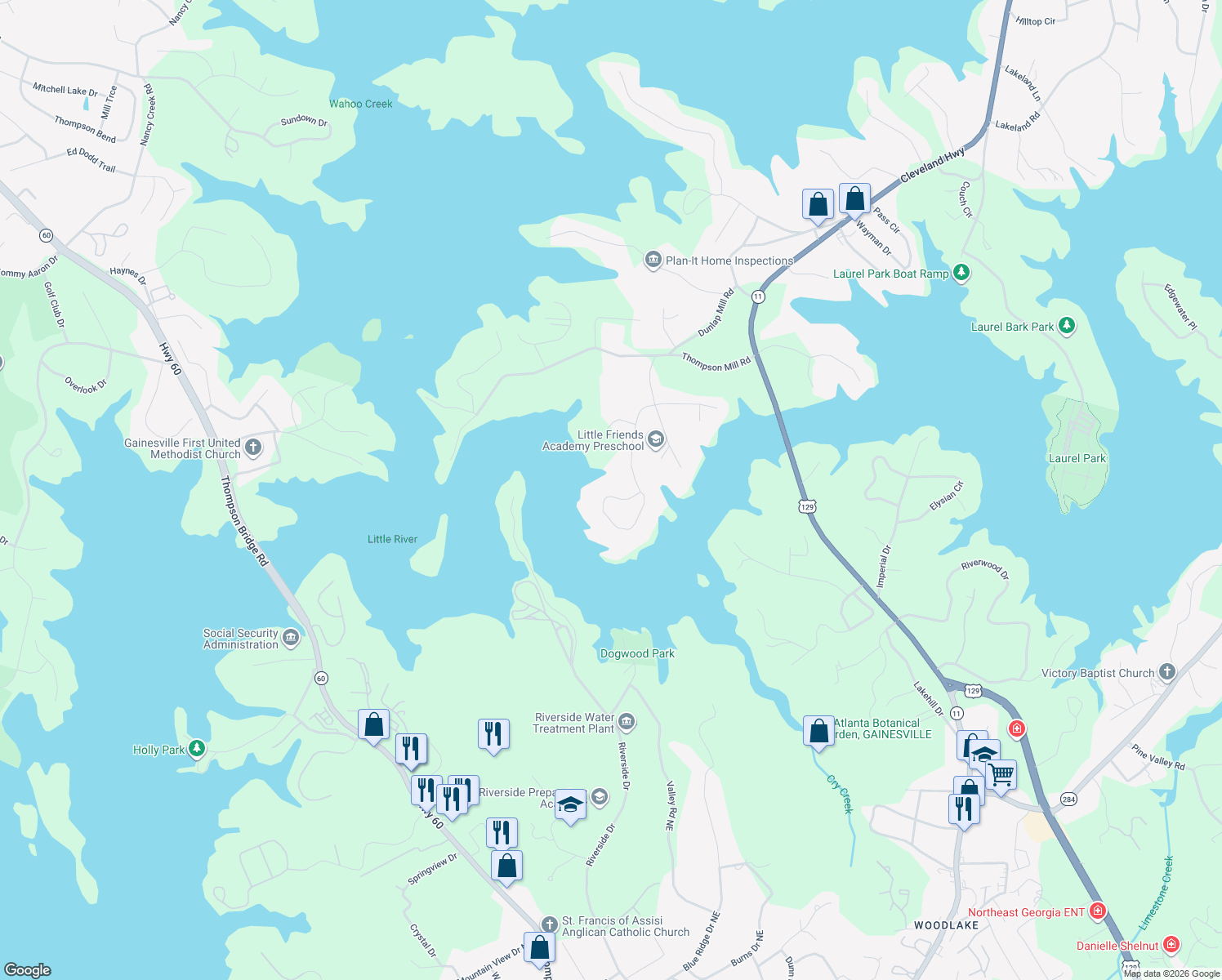 map of restaurants, bars, coffee shops, grocery stores, and more near 2621 Bridgewater Circle in Gainesville