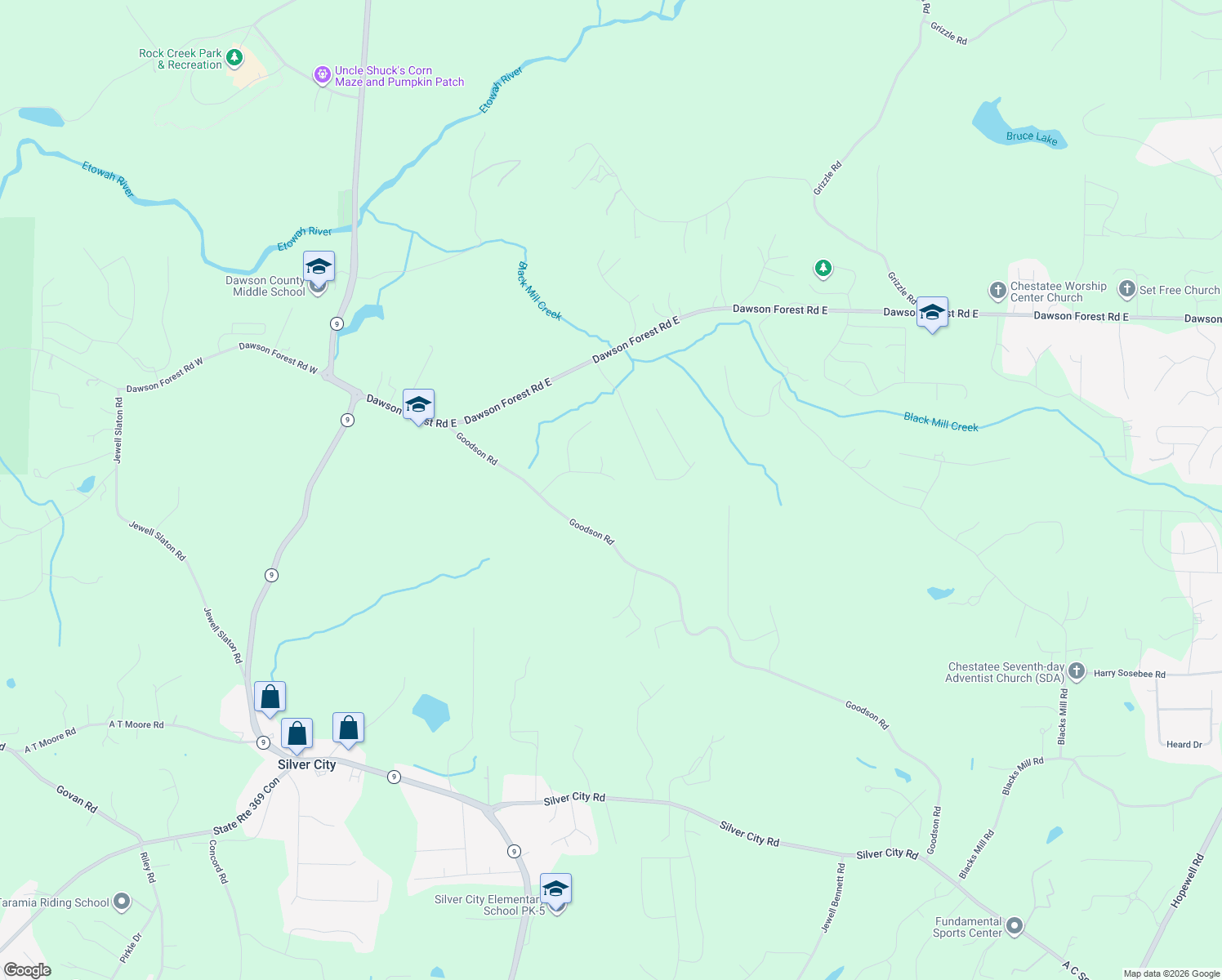 map of restaurants, bars, coffee shops, grocery stores, and more near 130 Bethany Drive in Dawsonville