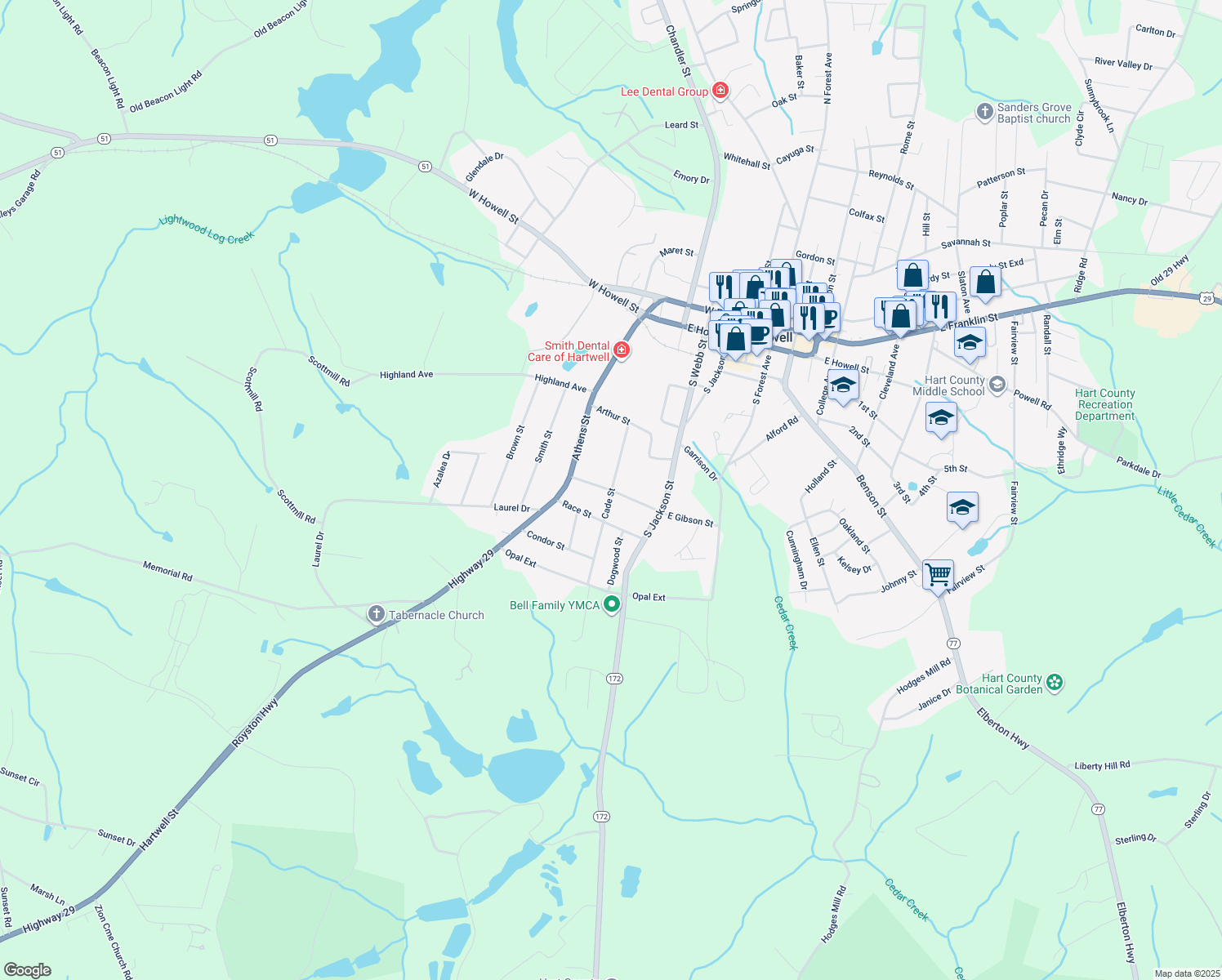 map of restaurants, bars, coffee shops, grocery stores, and more near 199 Cade St in Hartwell