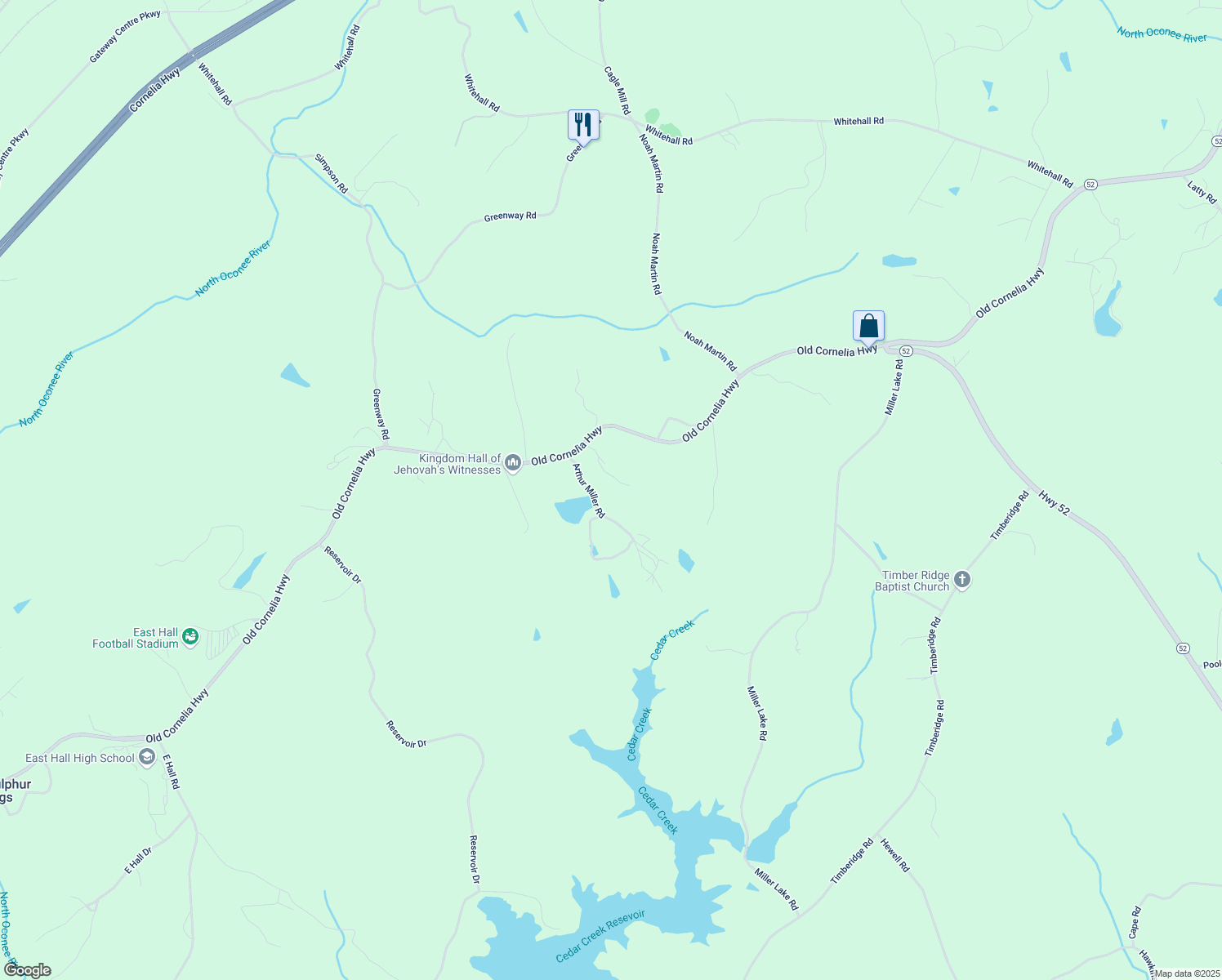 map of restaurants, bars, coffee shops, grocery stores, and more near 4151 Arthur Miller Road in Gainesville