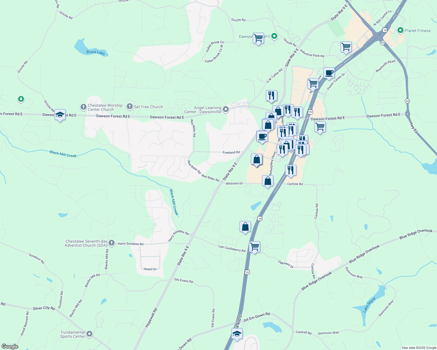 map of restaurants, bars, coffee shops, grocery stores, and more near 601 Red Rider Rd in Dawsonville