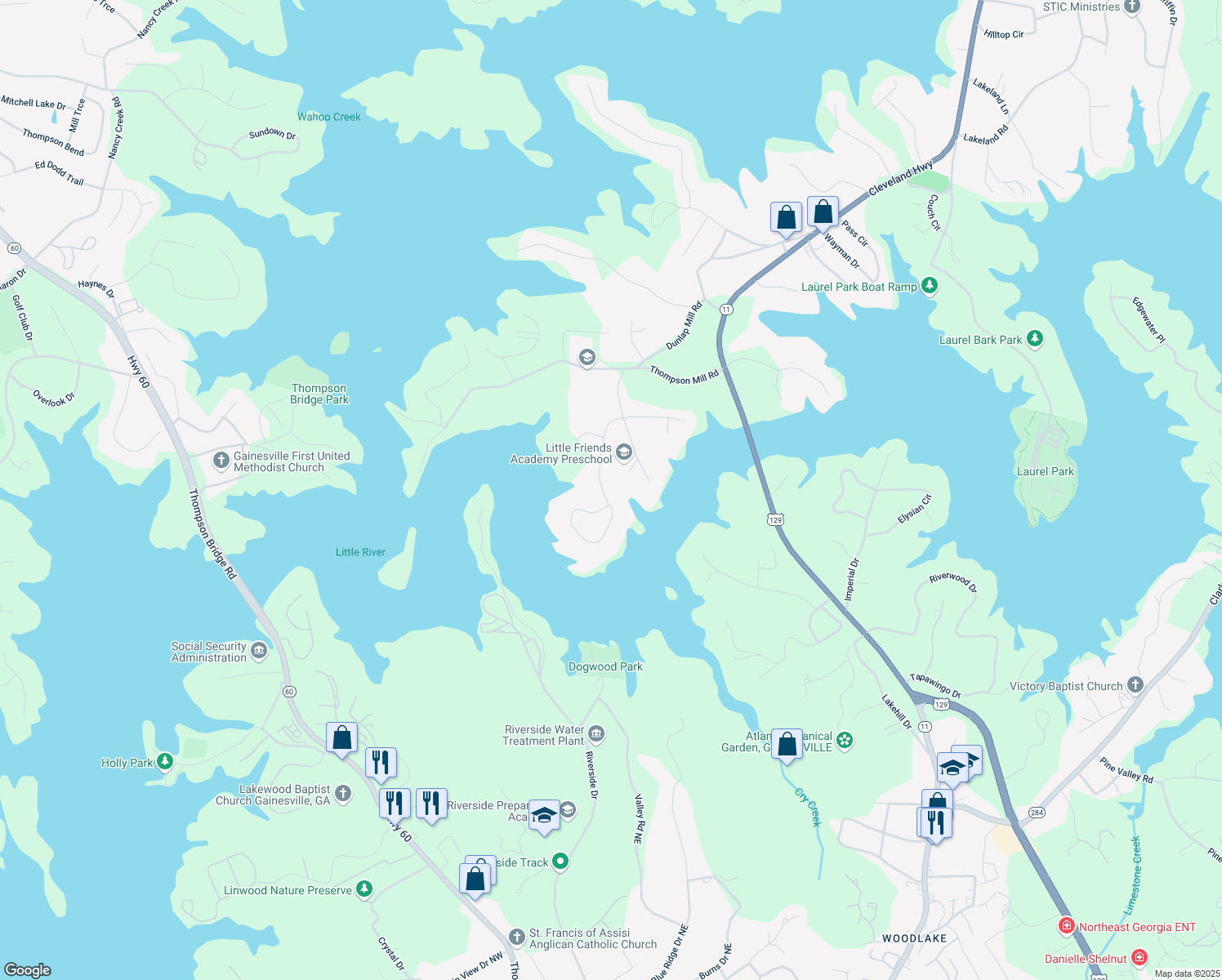 map of restaurants, bars, coffee shops, grocery stores, and more near 2545 Bridgewater Drive in Gainesville