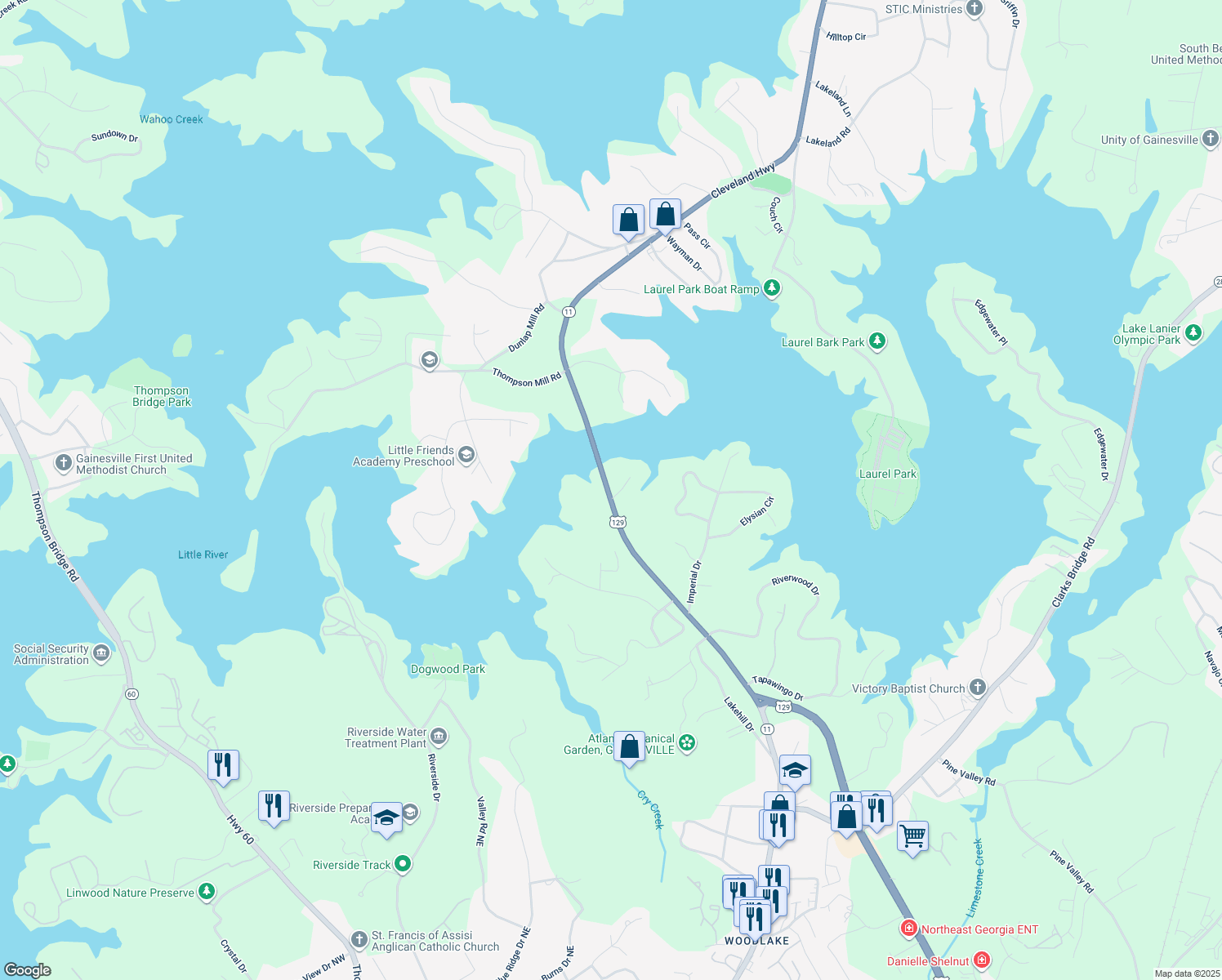 map of restaurants, bars, coffee shops, grocery stores, and more near Cleveland Highway in Gainesville