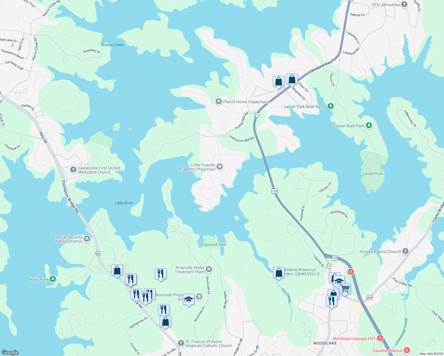 map of restaurants, bars, coffee shops, grocery stores, and more near 2455 Basin Court in Gainesville