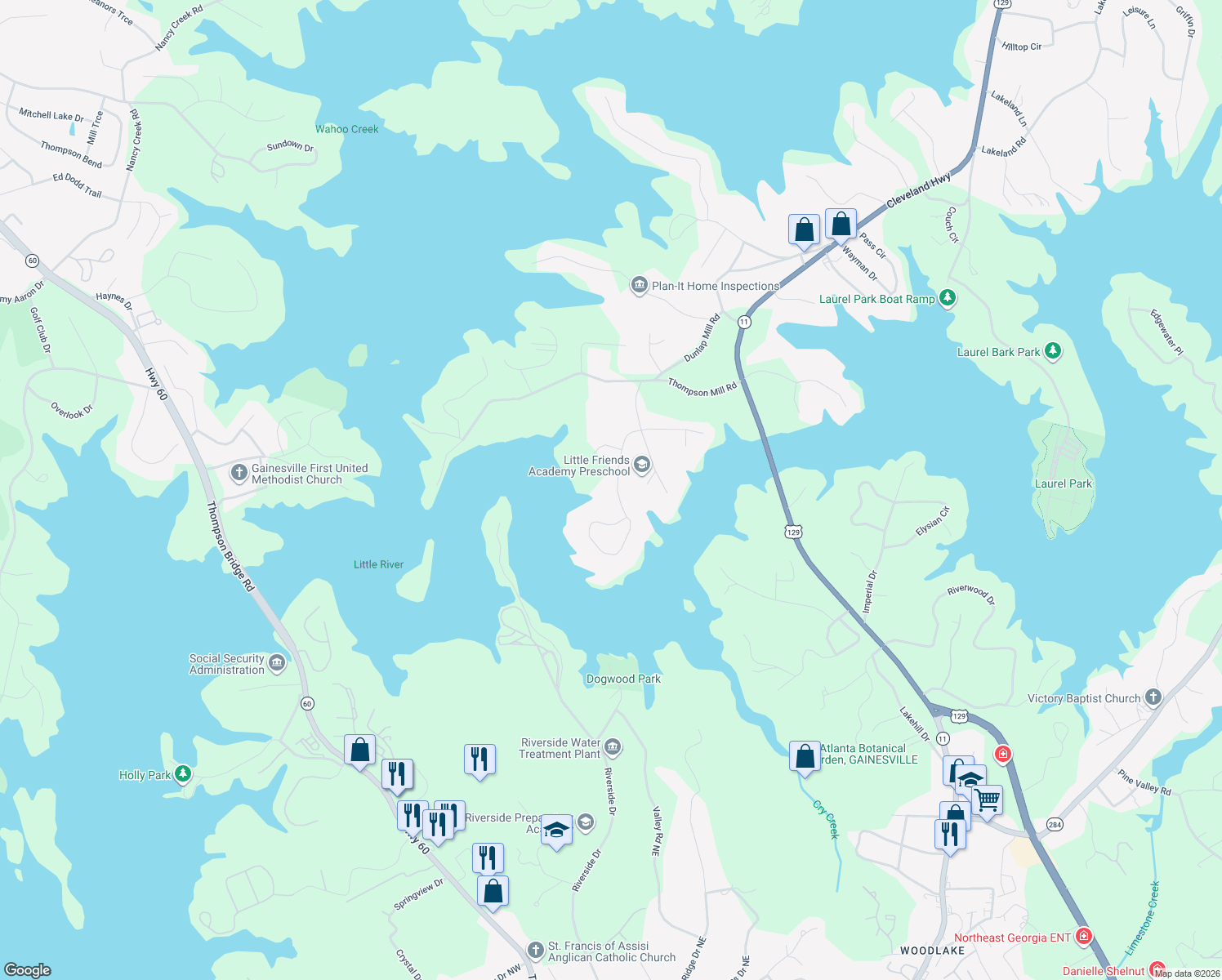 map of restaurants, bars, coffee shops, grocery stores, and more near 2541 Bridgewater Drive in Gainesville