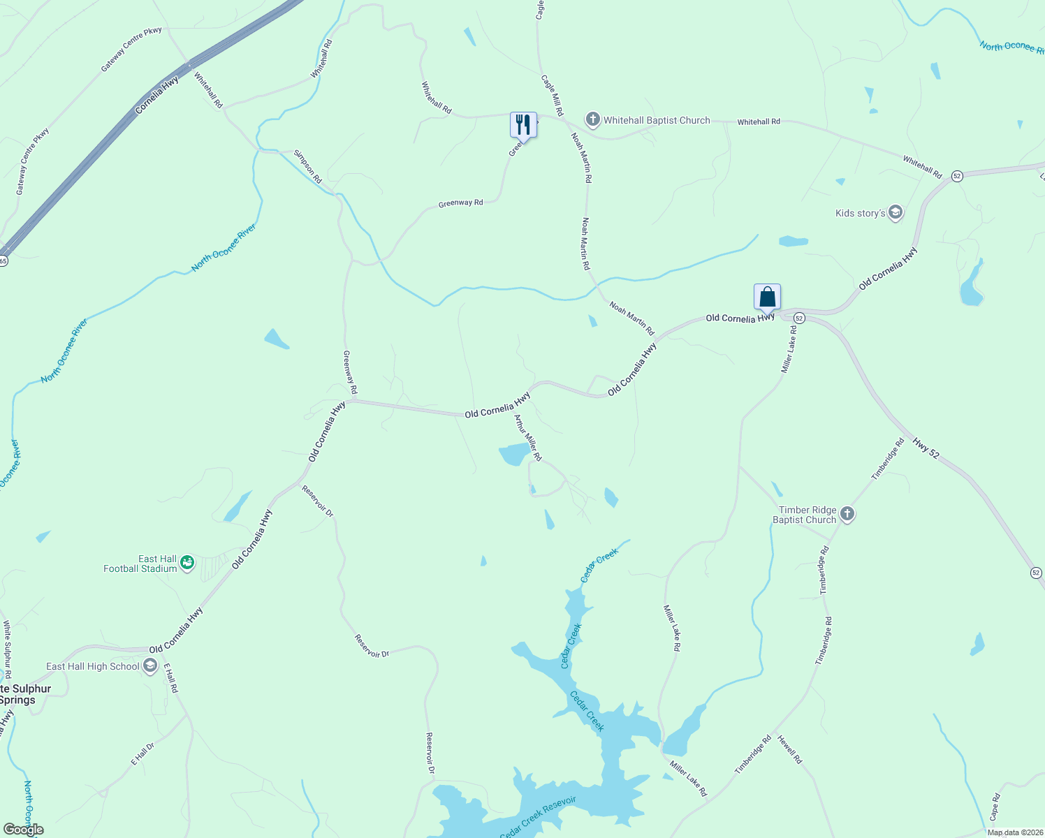 map of restaurants, bars, coffee shops, grocery stores, and more near 4050 Old Cornelia Highway in Gainesville