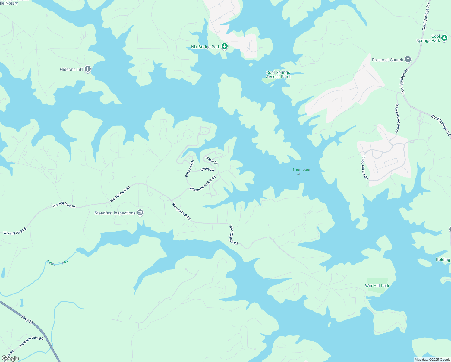 map of restaurants, bars, coffee shops, grocery stores, and more near 45 Lakepoint Drive in Dawsonville