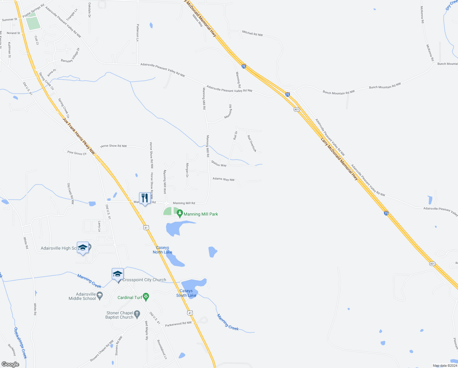 map of restaurants, bars, coffee shops, grocery stores, and more near 22 Adams Way Northwest in Adairsville