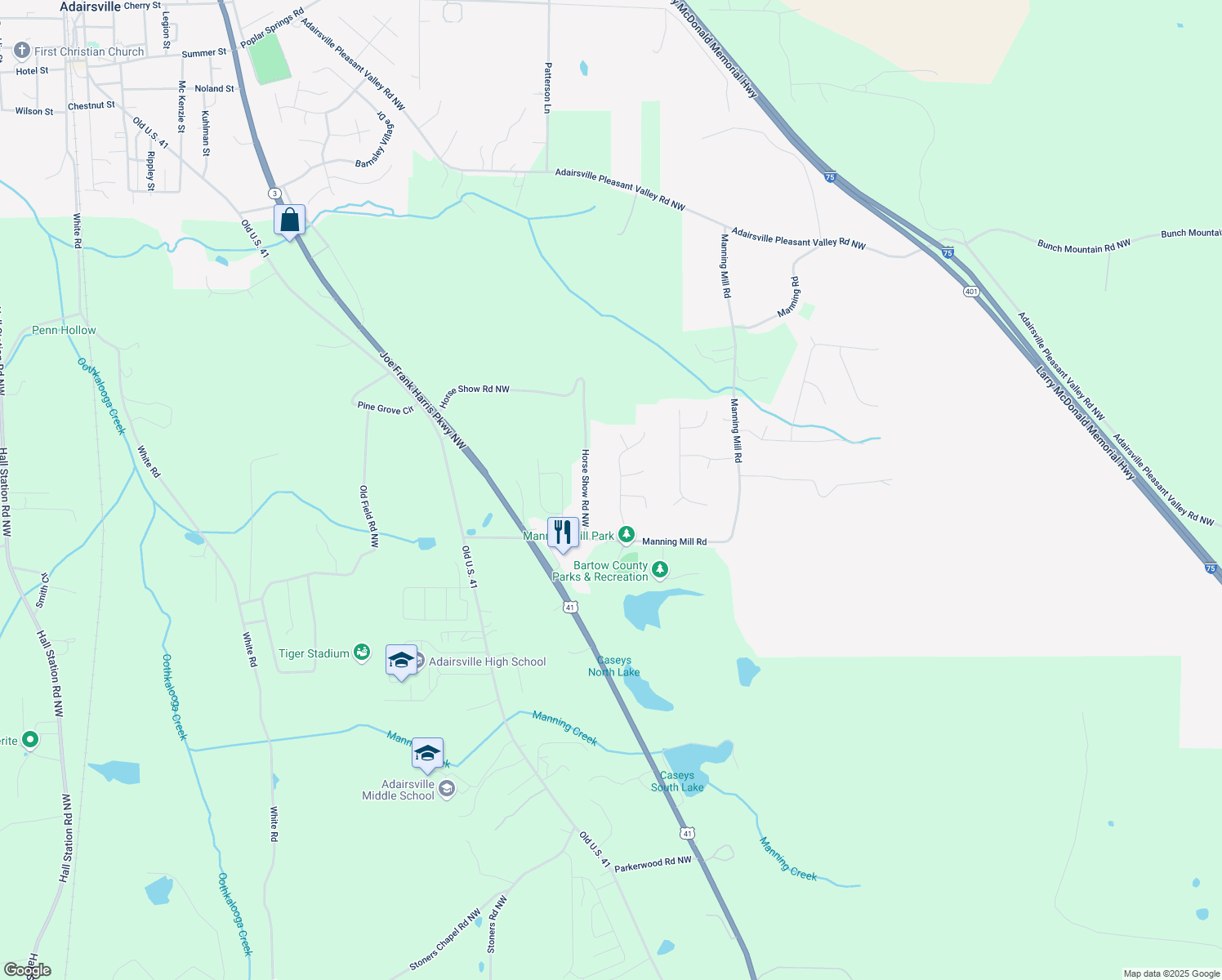 map of restaurants, bars, coffee shops, grocery stores, and more near 21 Manning Mill Way in Adairsville