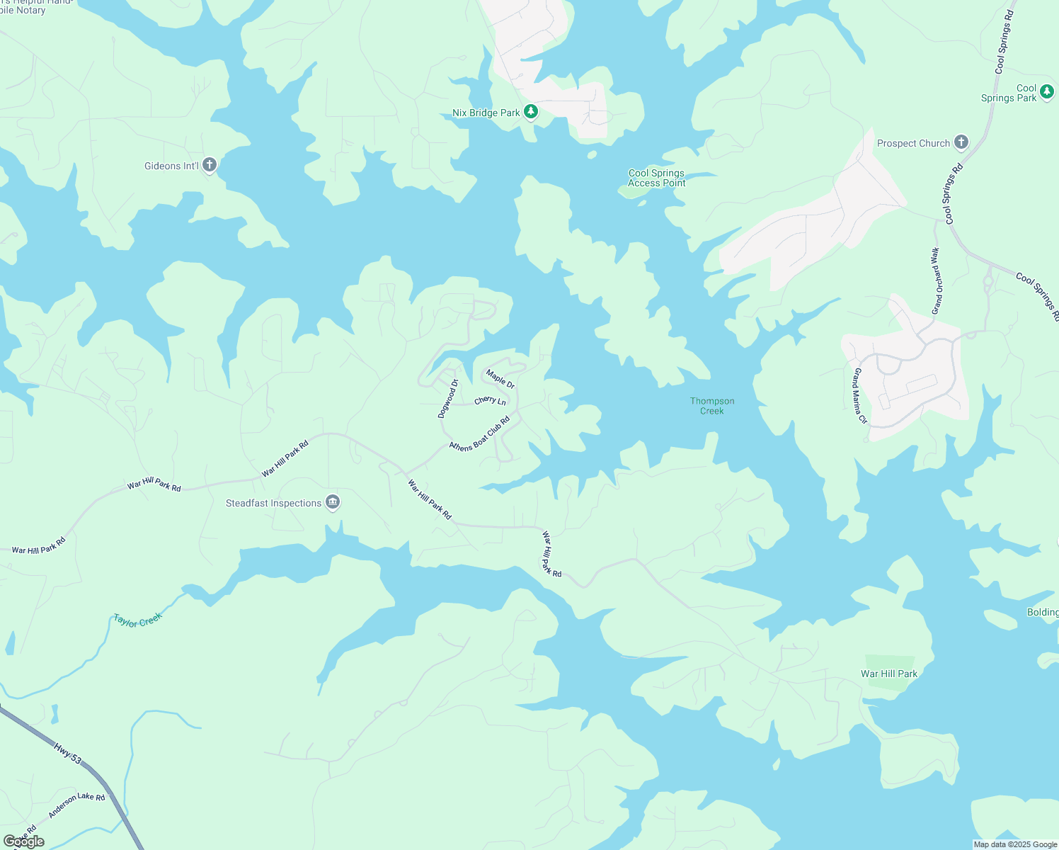 map of restaurants, bars, coffee shops, grocery stores, and more near 45 Lakepoint Drive in Dawsonville