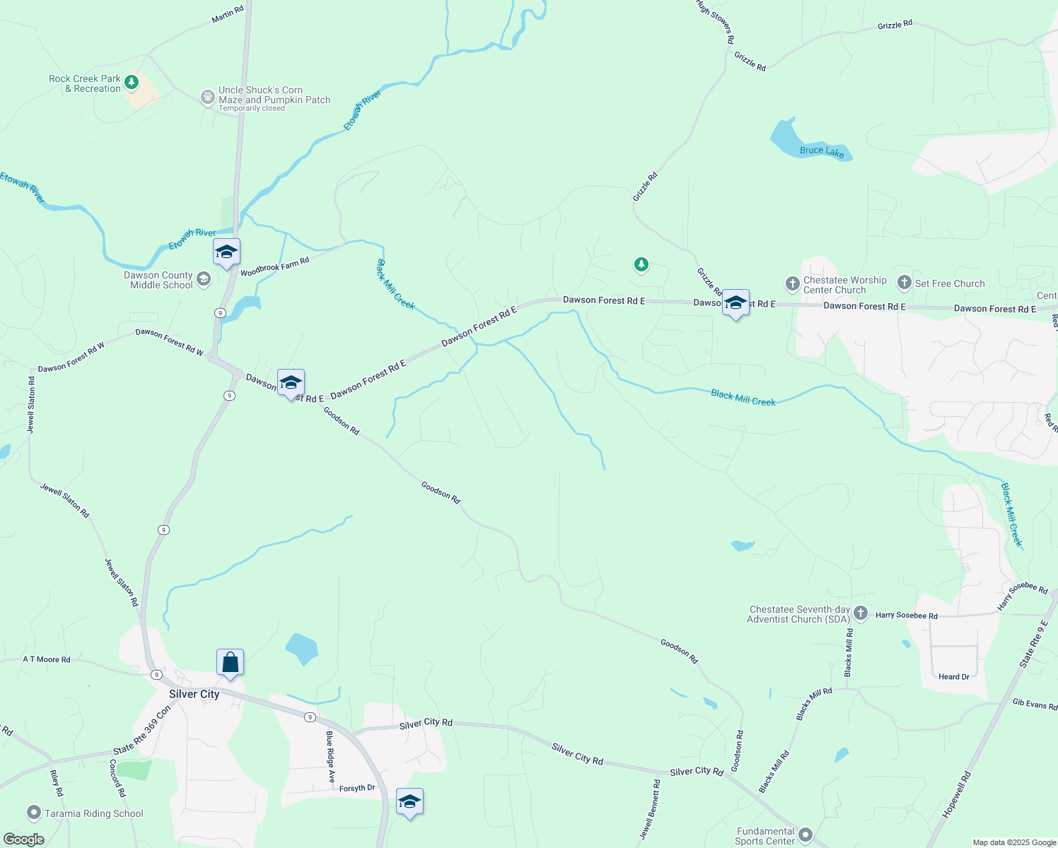 map of restaurants, bars, coffee shops, grocery stores, and more near 28 Dawson Manor Court in Dawsonville