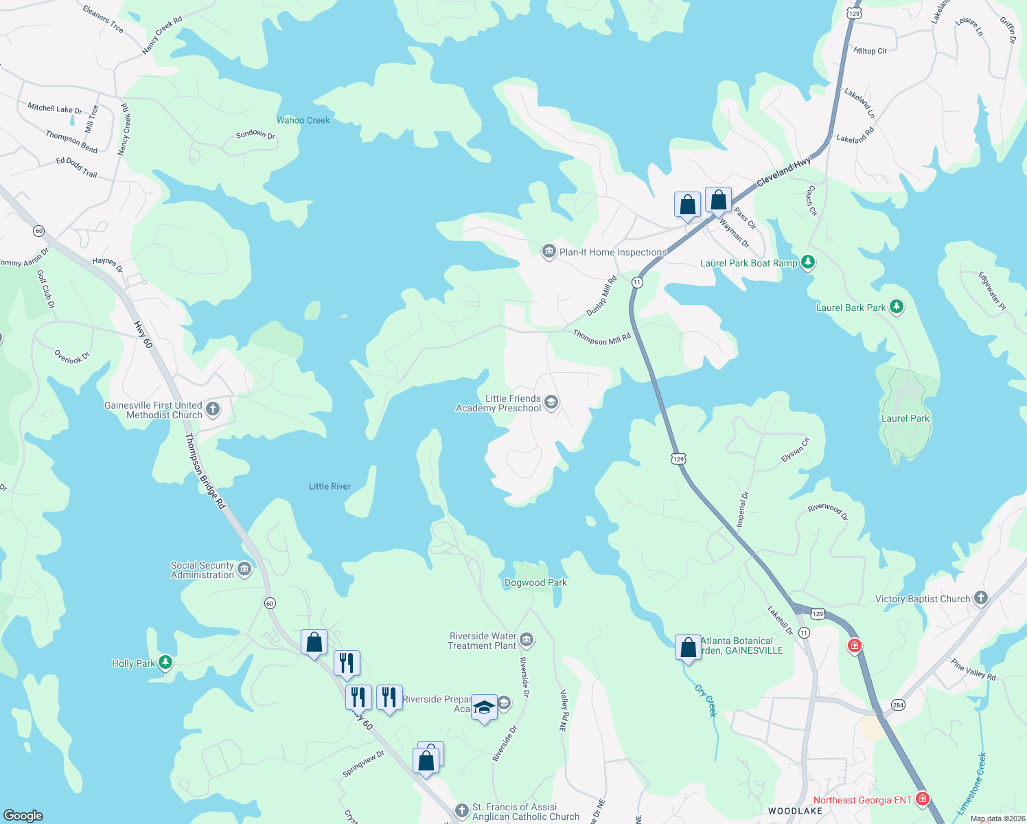 map of restaurants, bars, coffee shops, grocery stores, and more near 2509 Thompson Mill Road in Gainesville