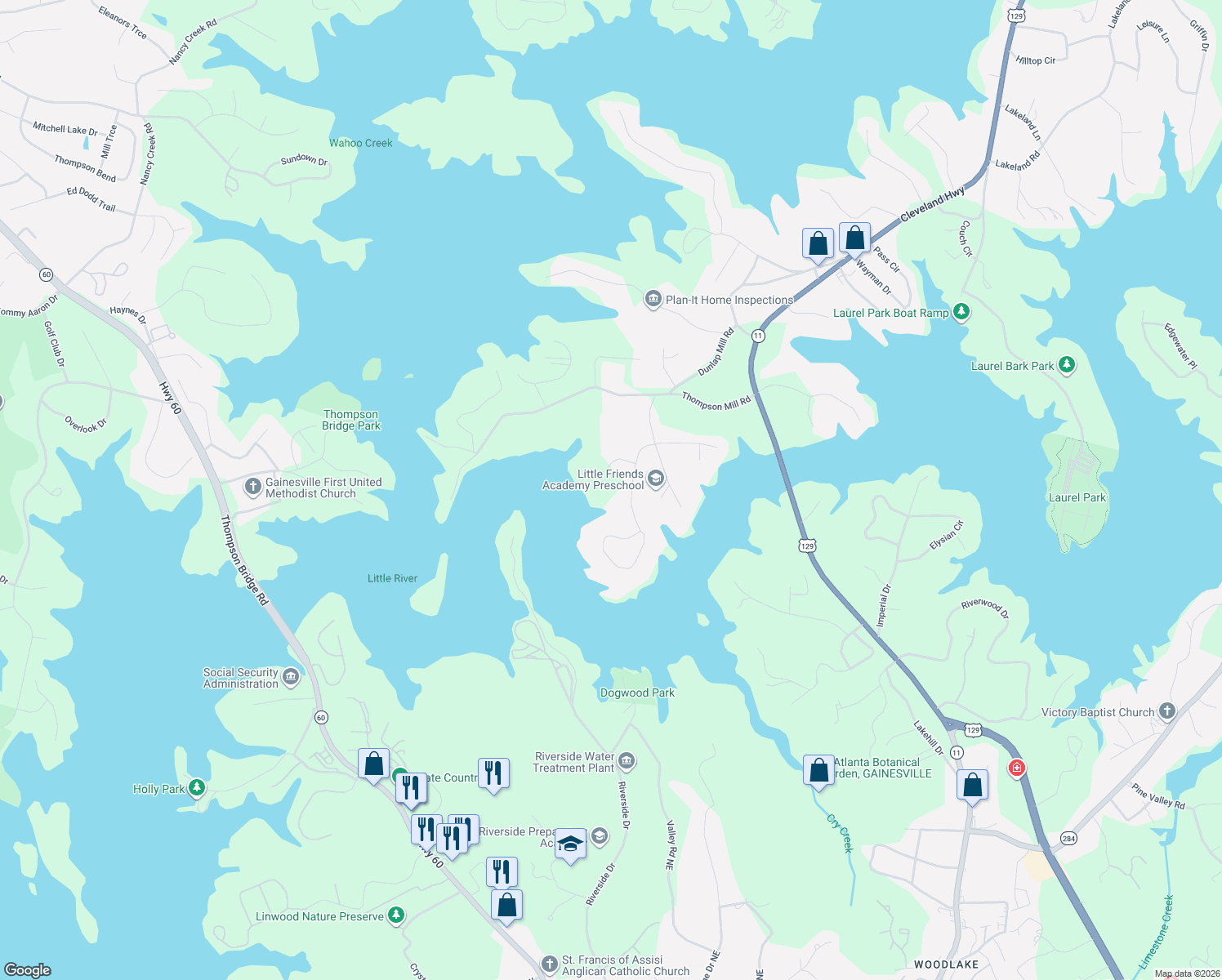 map of restaurants, bars, coffee shops, grocery stores, and more near 2509 Thompson Mill Road in Gainesville