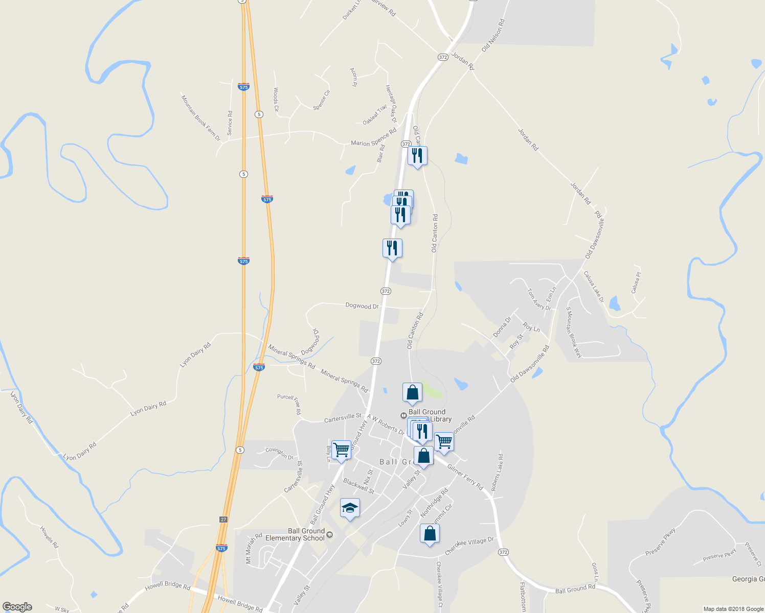 map of restaurants, bars, coffee shops, grocery stores, and more near 0 Dogwood Drive in Ball Ground