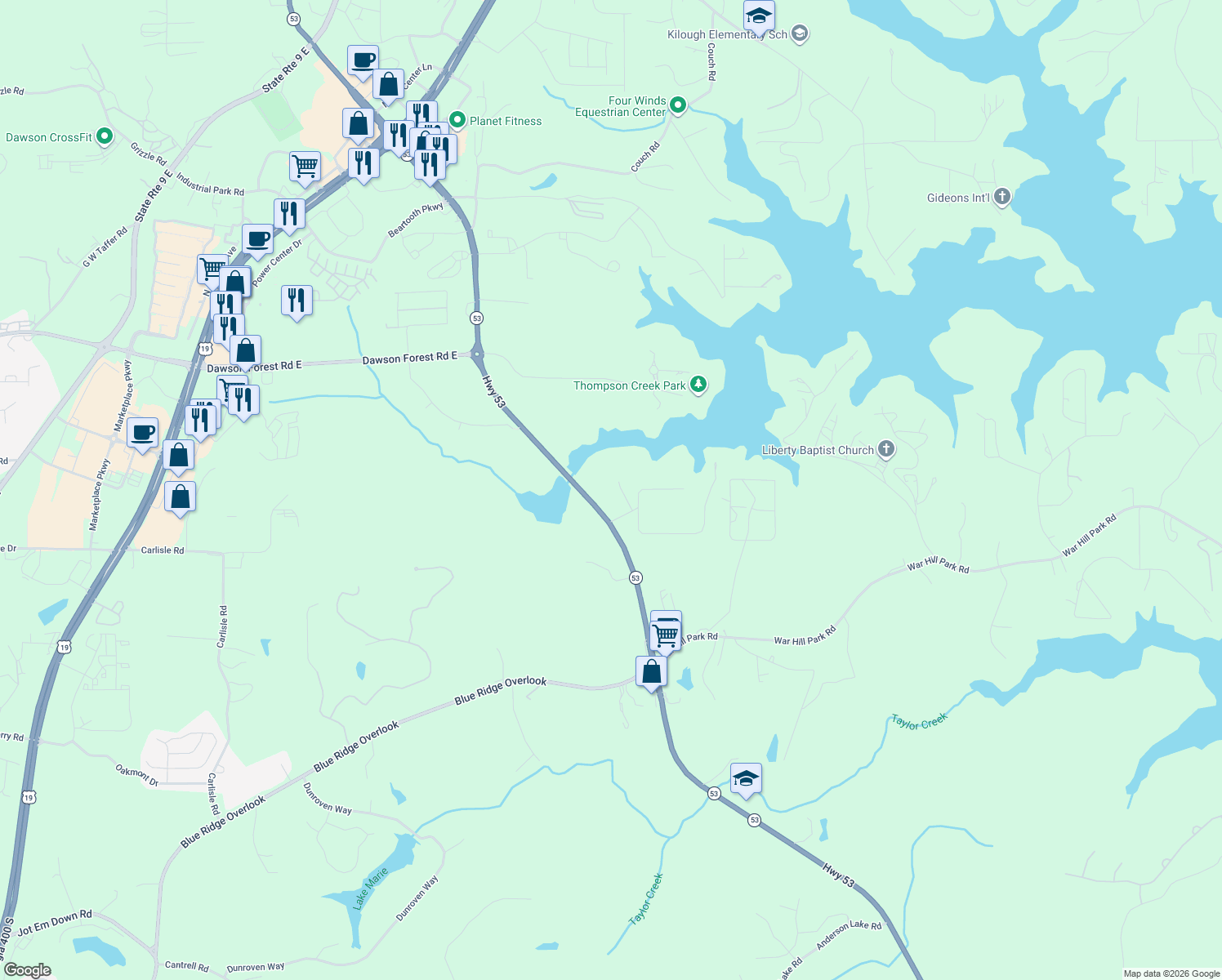 map of restaurants, bars, coffee shops, grocery stores, and more near 55 Sundown Way in Dawsonville