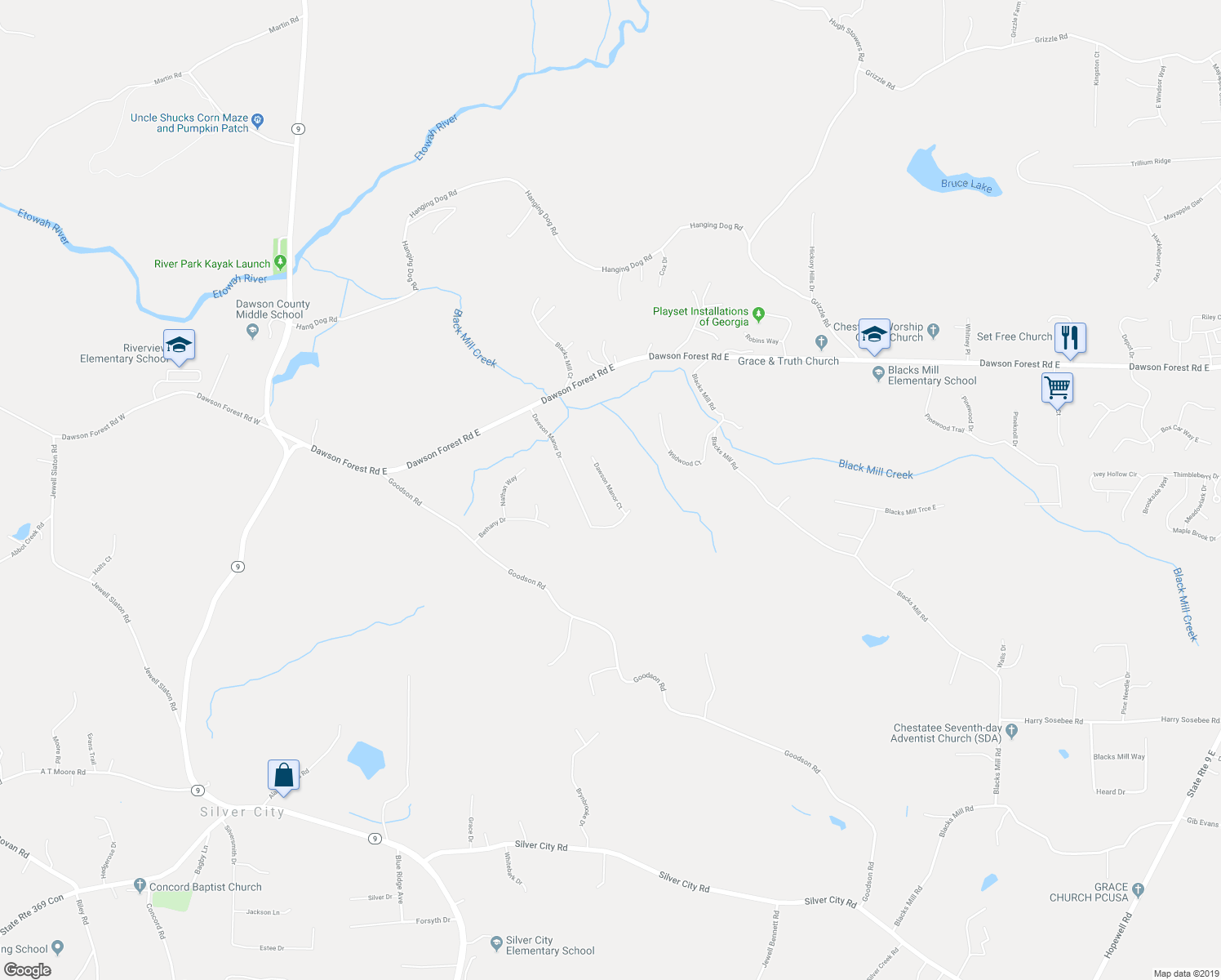 map of restaurants, bars, coffee shops, grocery stores, and more near 199 Dawson Manor Court in Dawsonville