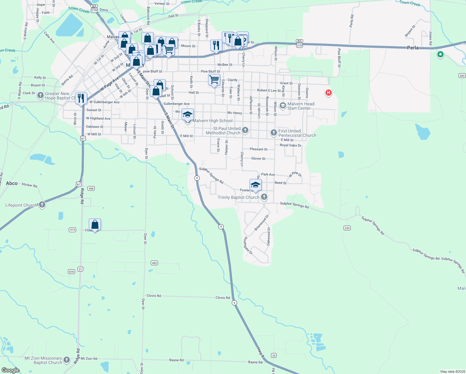 map of restaurants, bars, coffee shops, grocery stores, and more near 1128 Sulphur Springs Road in Malvern