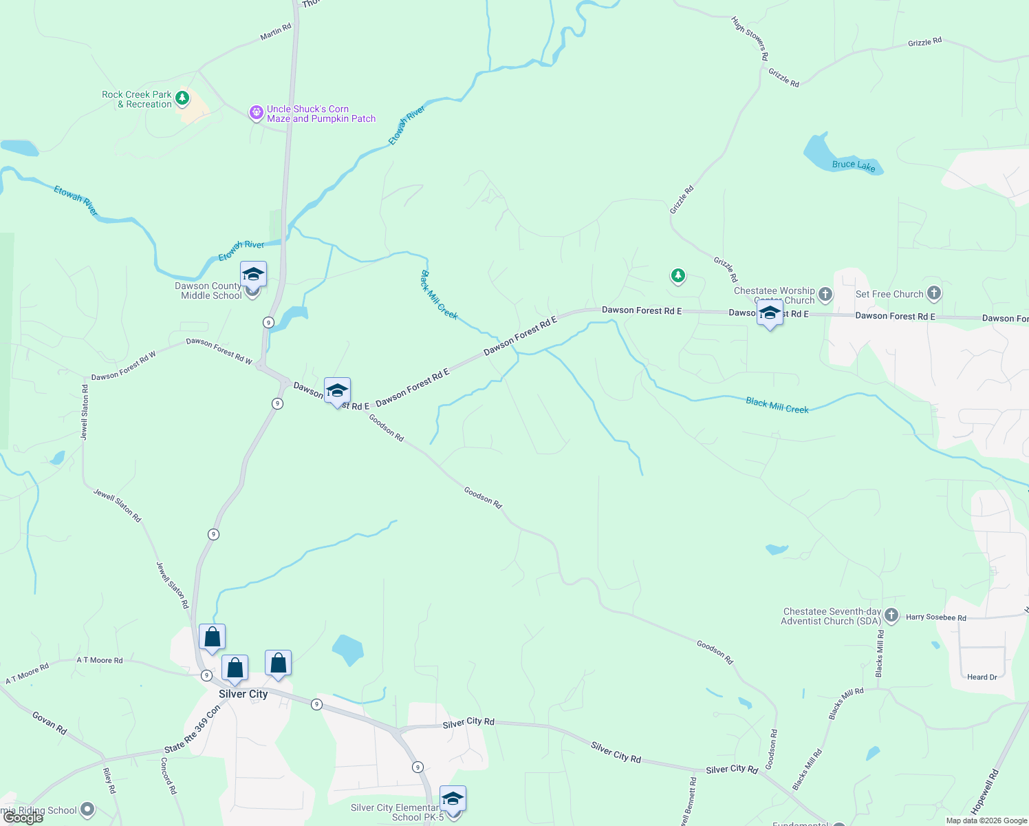 map of restaurants, bars, coffee shops, grocery stores, and more near 252 Dawson Manor Drive in Dawsonville