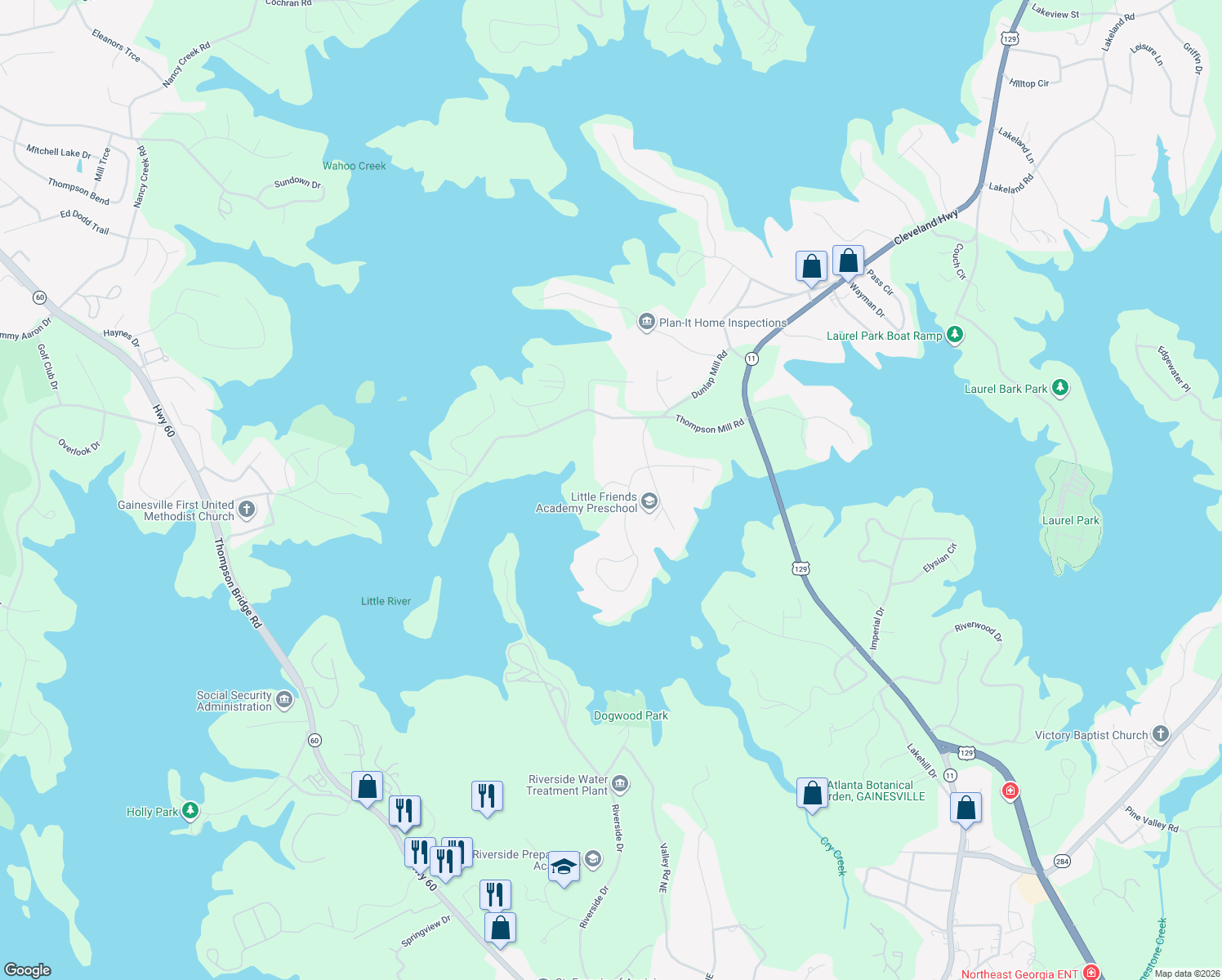map of restaurants, bars, coffee shops, grocery stores, and more near 2509 Thompson Mill Road in Gainesville
