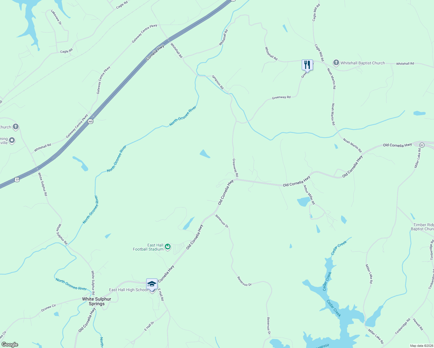 map of restaurants, bars, coffee shops, grocery stores, and more near 3925 Greenway Road in Gainesville