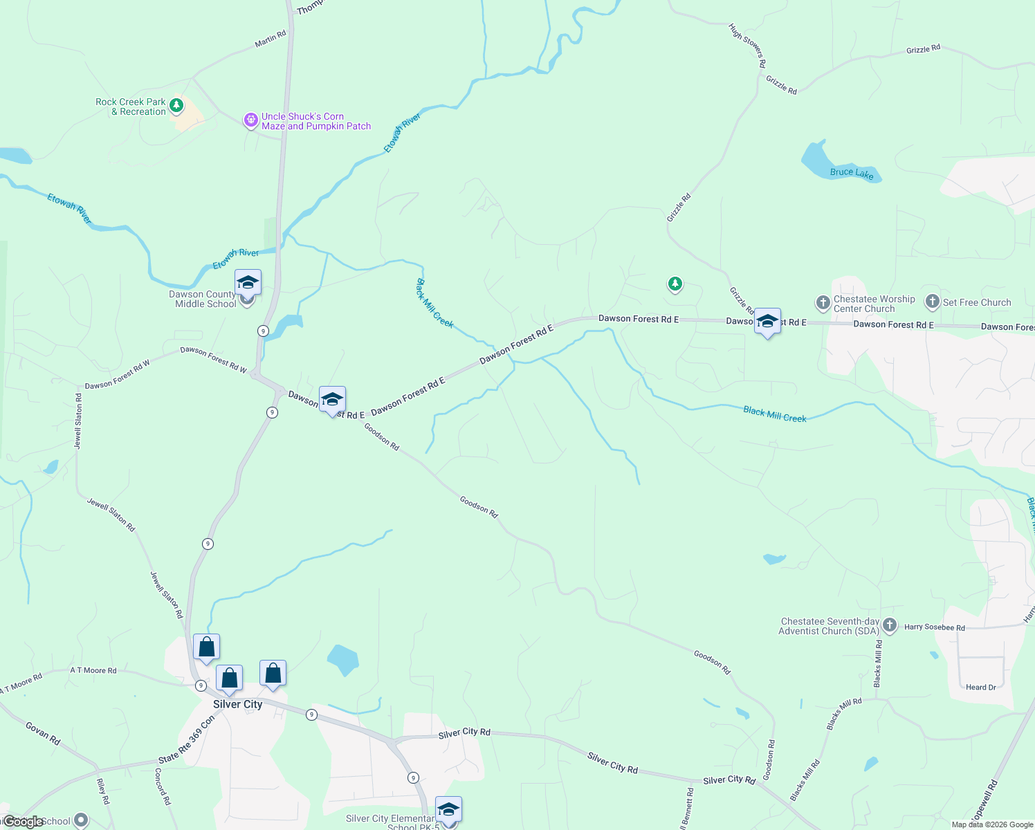map of restaurants, bars, coffee shops, grocery stores, and more near 270 Dawson Manor Drive in Dawsonville