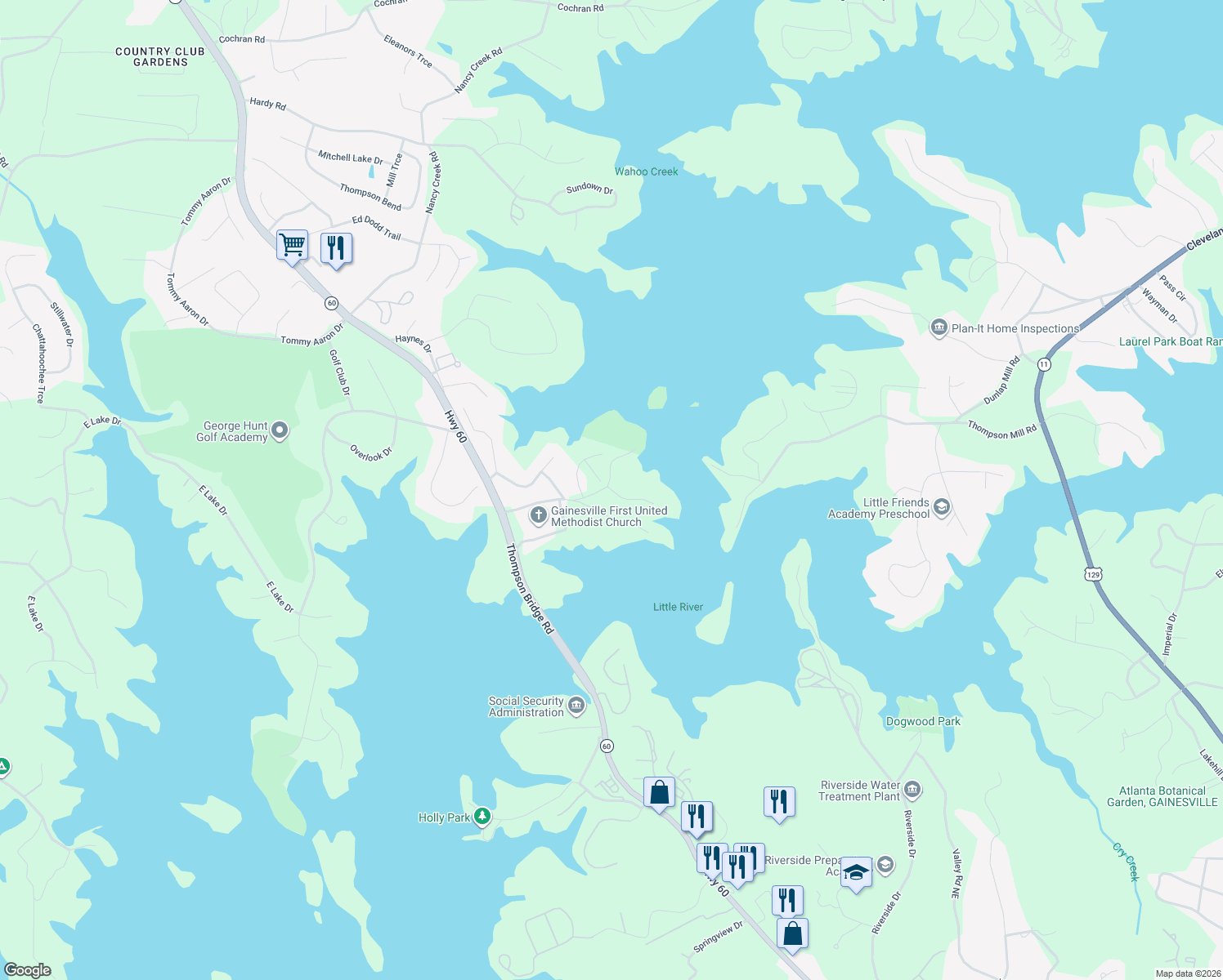 map of restaurants, bars, coffee shops, grocery stores, and more near 312 Point Olympus Dr in Gainesville