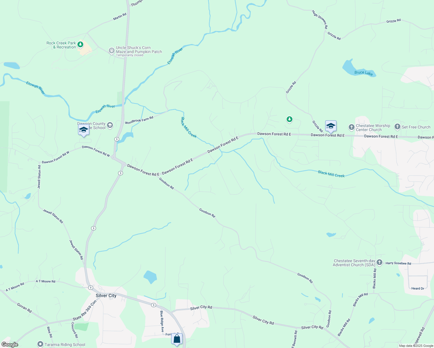 map of restaurants, bars, coffee shops, grocery stores, and more near 214 Dawson Manor Drive in Dawsonville