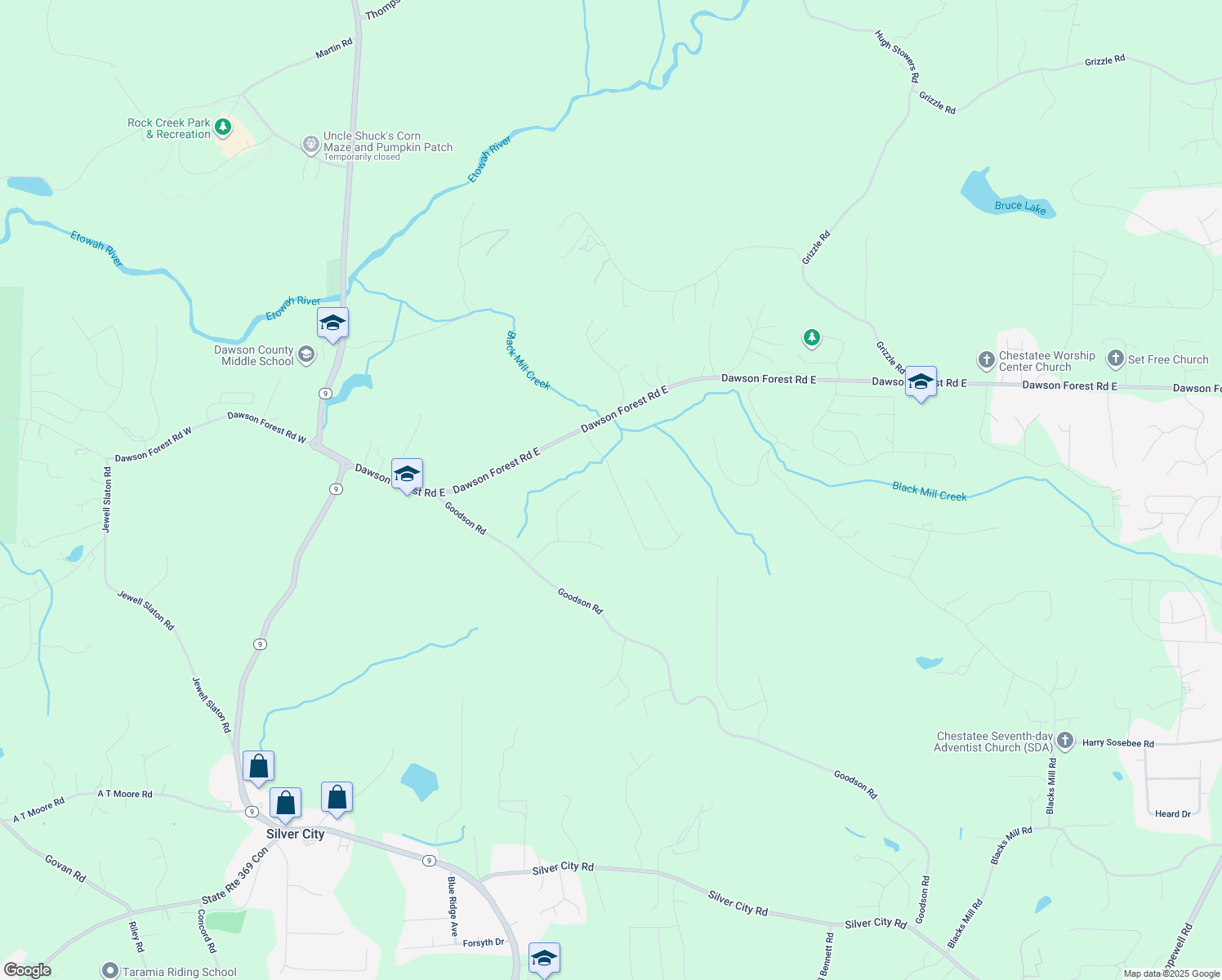 map of restaurants, bars, coffee shops, grocery stores, and more near 214 Dawson Manor Drive in Dawsonville