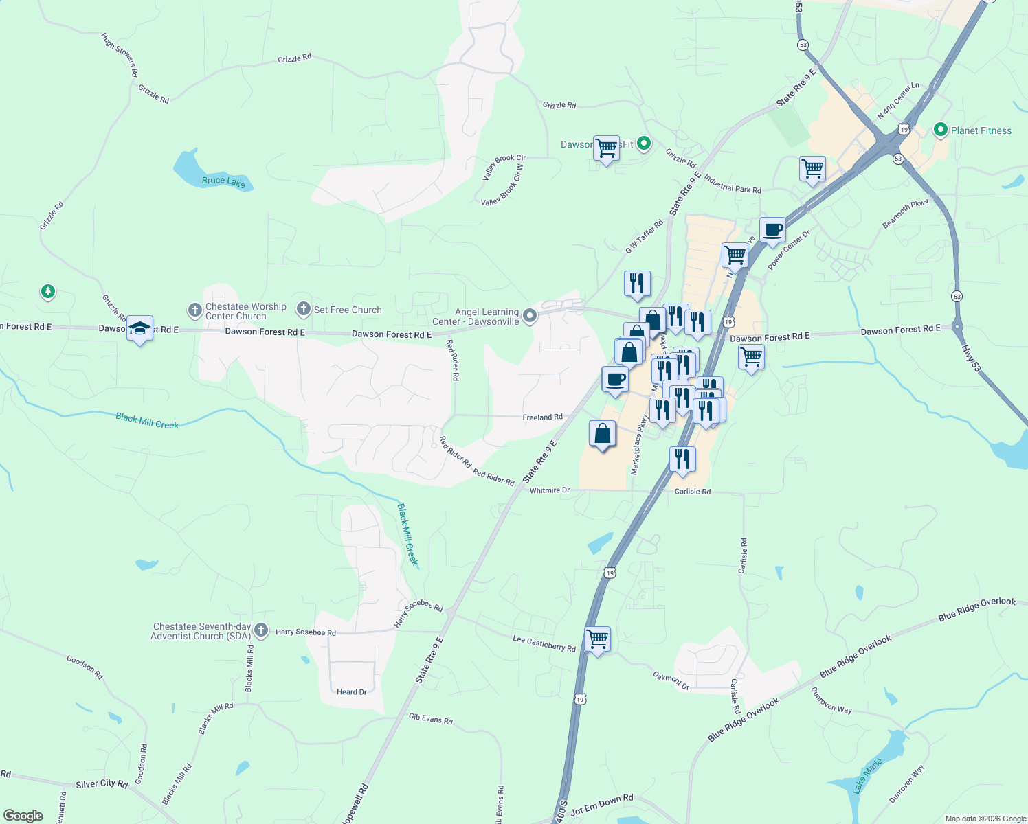 map of restaurants, bars, coffee shops, grocery stores, and more near 17 Stonehedge Dr in Dawsonville