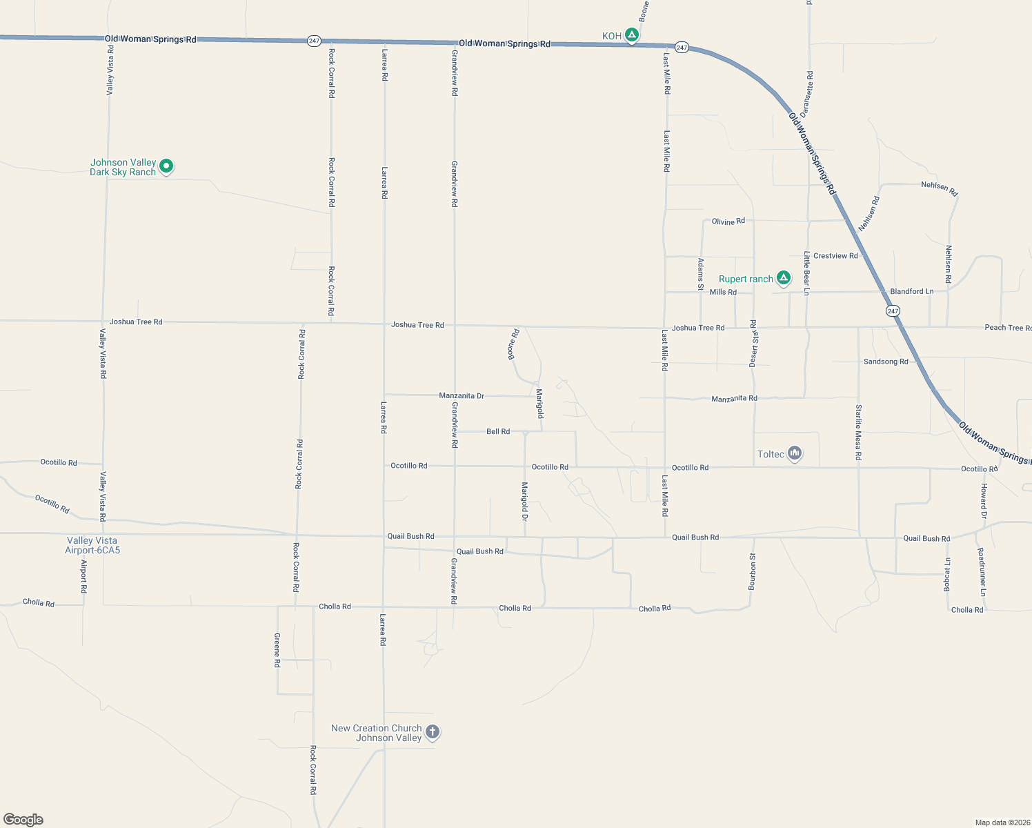 map of restaurants, bars, coffee shops, grocery stores, and more near 50880 Bell Road in Johnson Valley