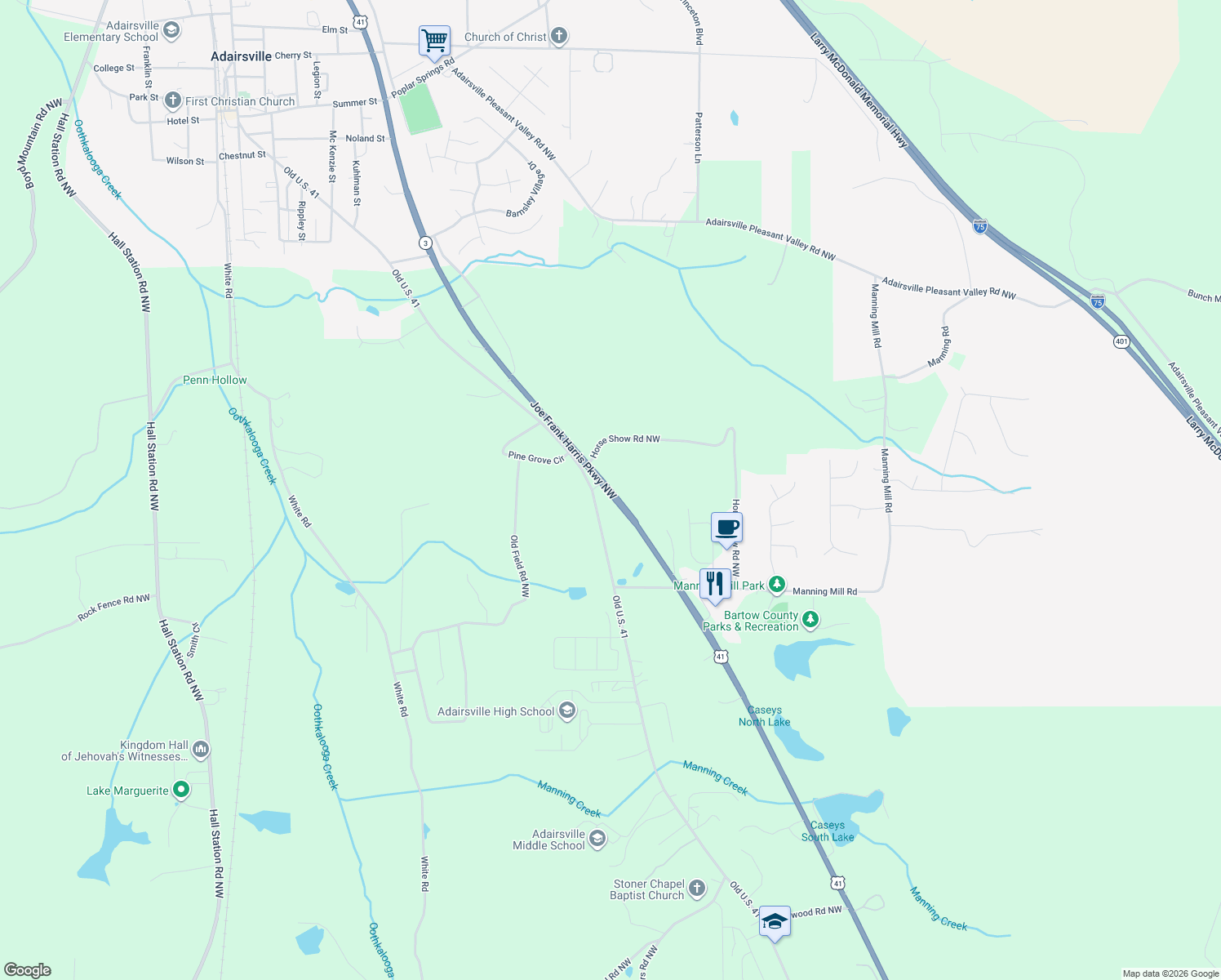 map of restaurants, bars, coffee shops, grocery stores, and more near Georgia 3 in Adairsville