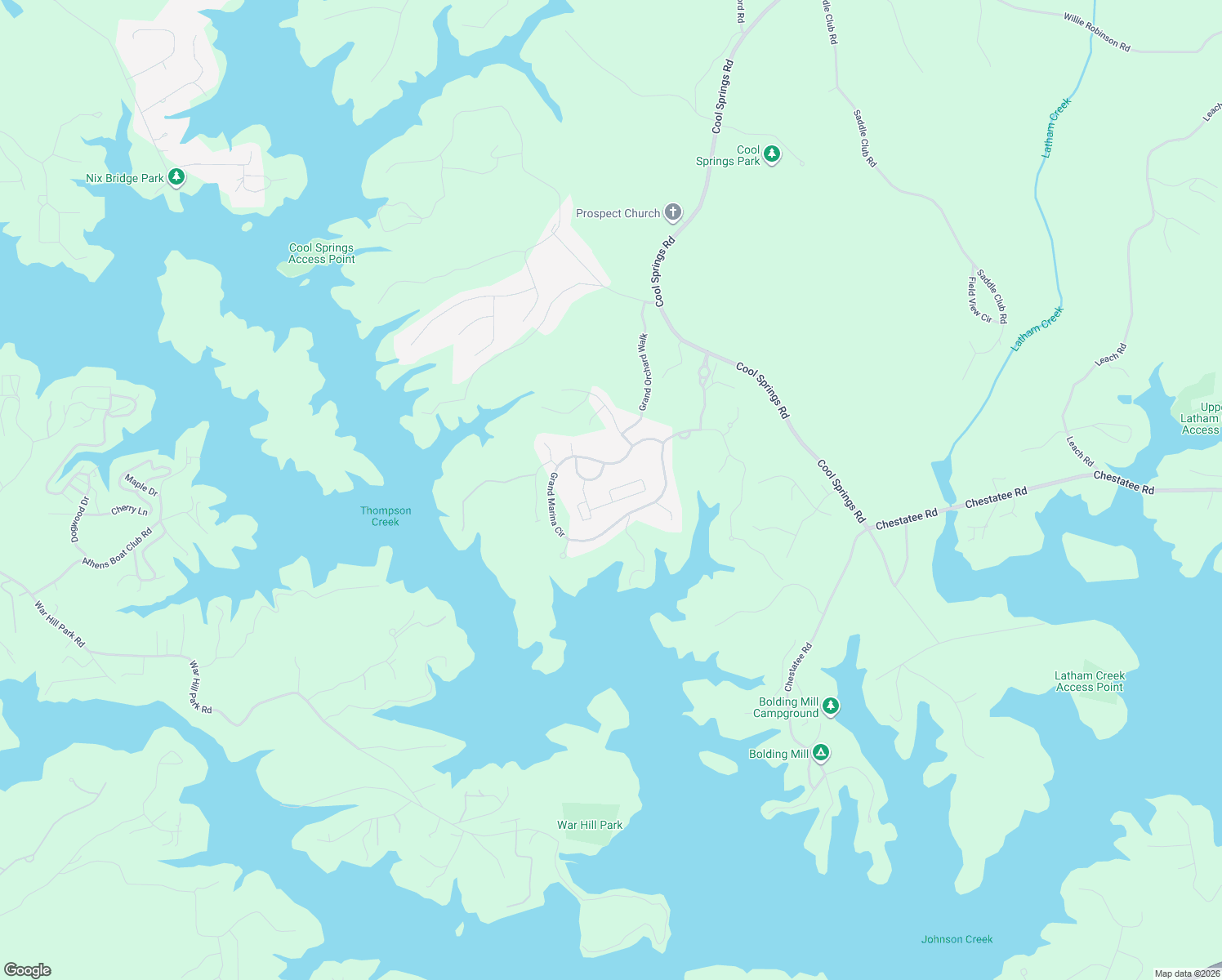 map of restaurants, bars, coffee shops, grocery stores, and more near South Bluff Court in Gainesville
