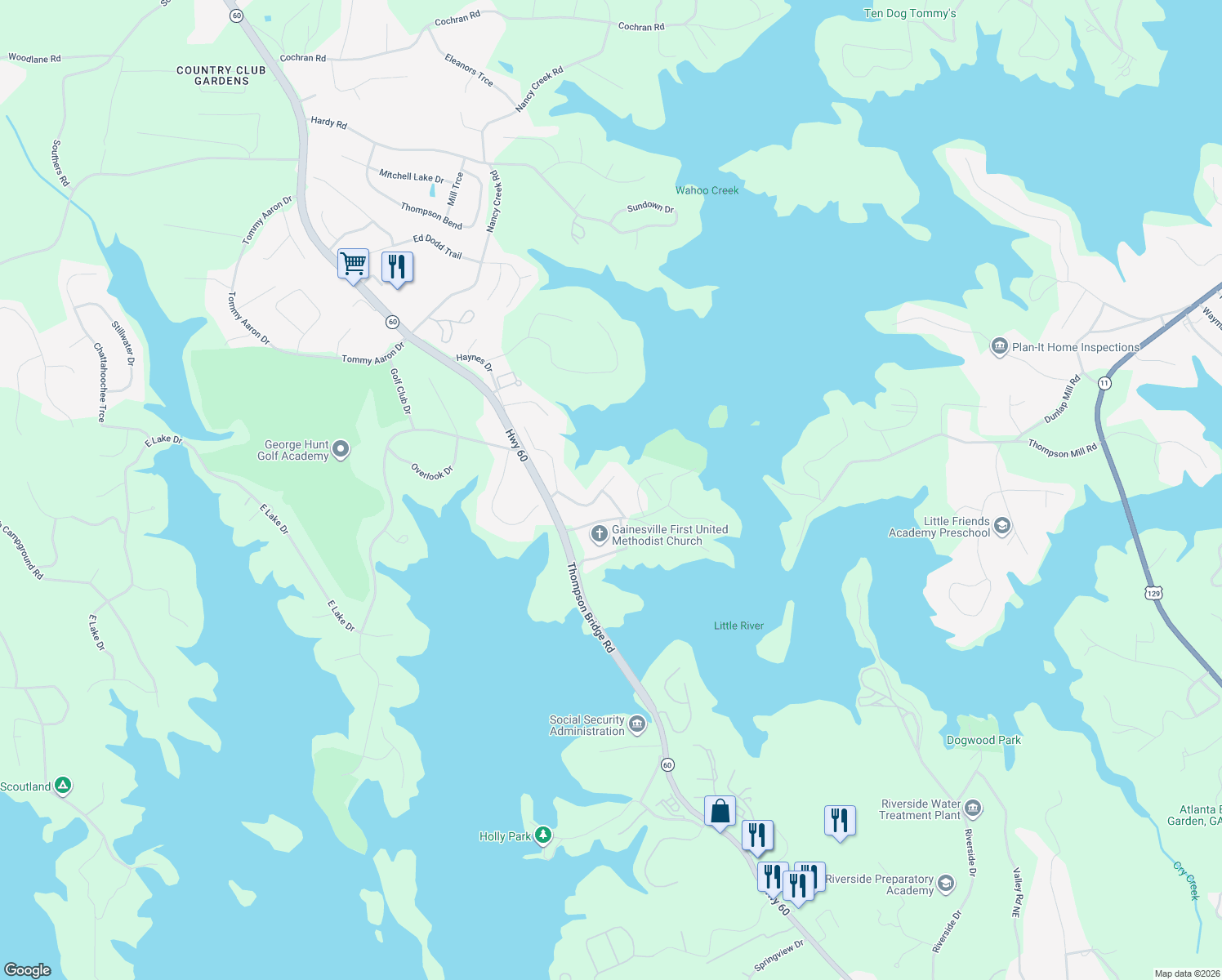 map of restaurants, bars, coffee shops, grocery stores, and more near 263 Thompson Pl in Gainesville