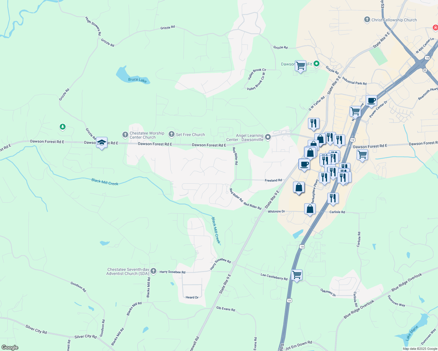 map of restaurants, bars, coffee shops, grocery stores, and more near 51 Caboose Lane in Dawsonville