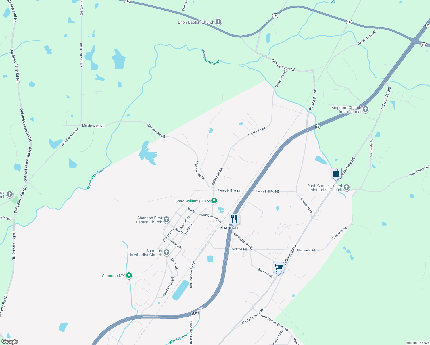 map of restaurants, bars, coffee shops, grocery stores, and more near 61 Gaines Rd NE in Rome