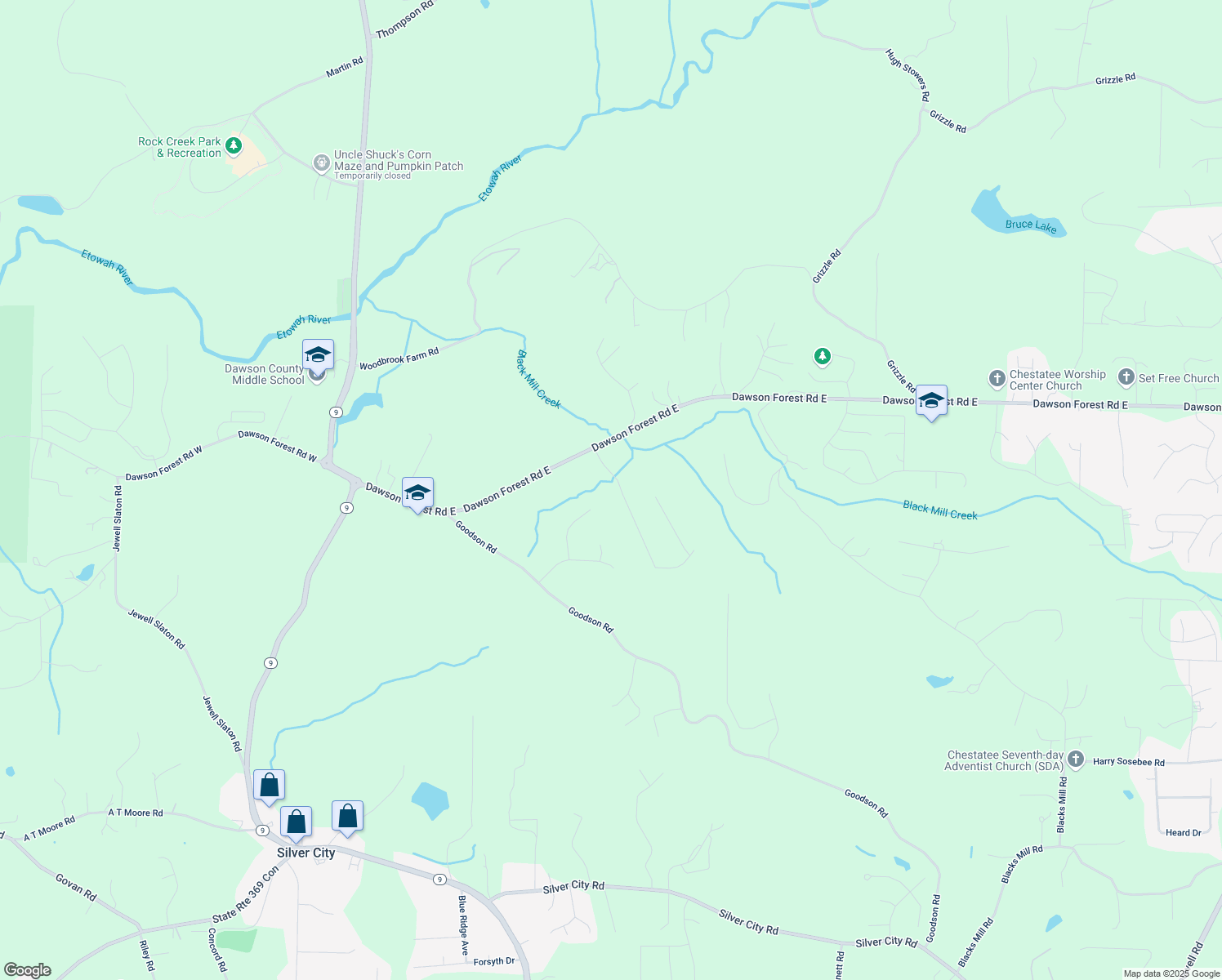 map of restaurants, bars, coffee shops, grocery stores, and more near 150 Dawson Manor Drive in Dawsonville